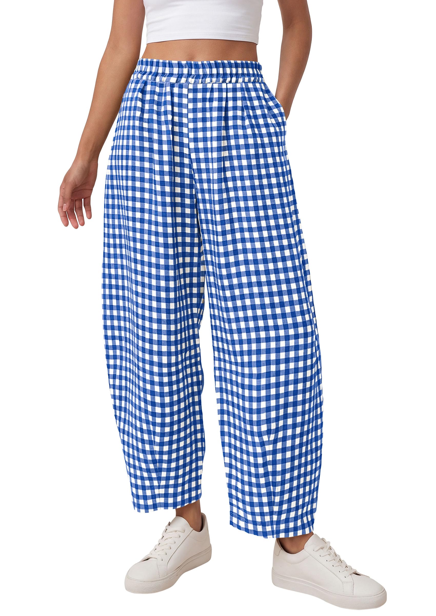 PRETTYGARDEN Plaid Barrel Pants Women Summer Casual Loose Wide Leg Lounge Gingham Trousers Spring Fashion Beach Bottoms