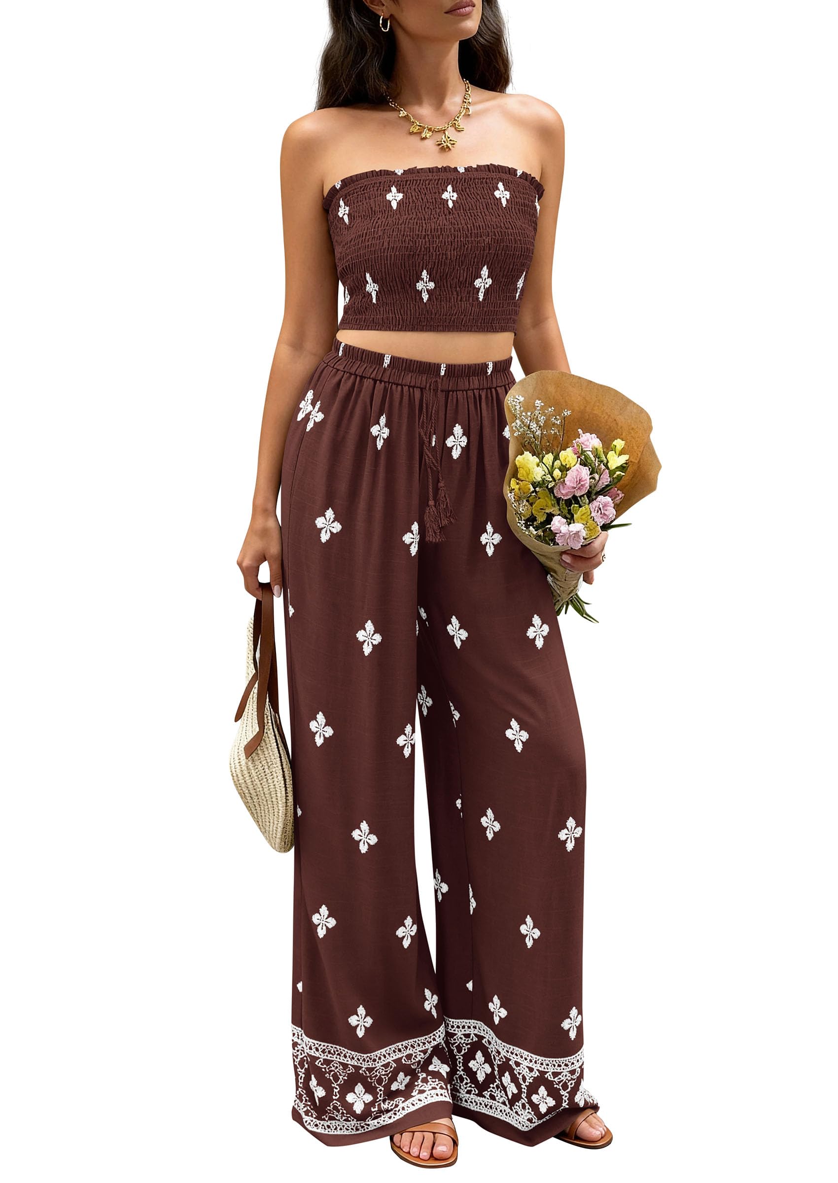 PRETTYGARDEN 2 Piece Sets for Women Summer  Travel Outfits Print Tube Tops Wide Leg Pants Beach Vacation Clothes