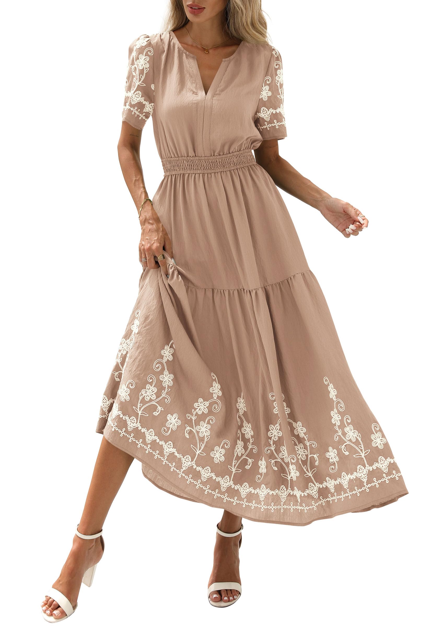 PRETTYGARDEN Women's Summer Boho Maxi Dress Spring Floral Short Sleeve V Neck A Line Flowy Beach Wedding Guest Dresses