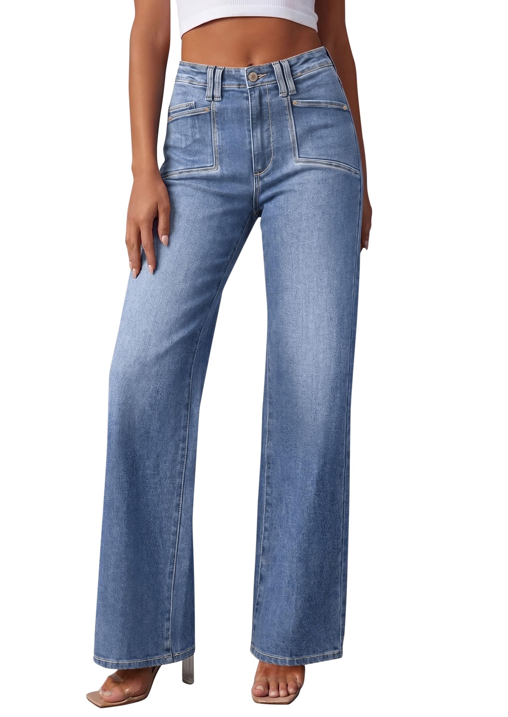 PRETTYGARDEN High Waisted Wide Leg Jeans for Women 2026 Trendy | Classic Straight Baggy Fit, Stretchy Denim Pants with Pockets, Casual Daily Work Going Out, All Season Wear