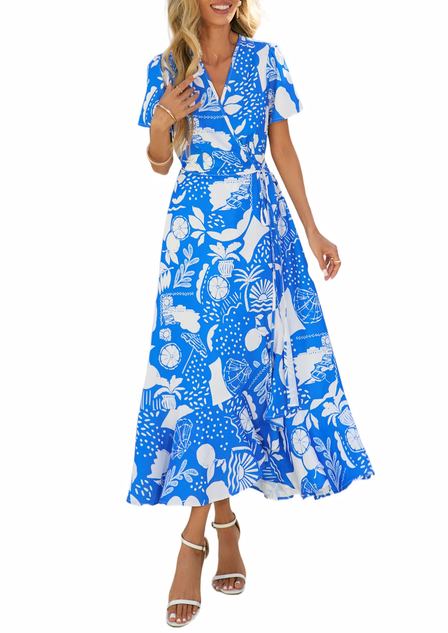 PRETTYGARDEN Women's Summer Maxi Dress Casual Wrap Floral Boho Short Sleeve V Neck Split Ruffle Beach Long Dresses