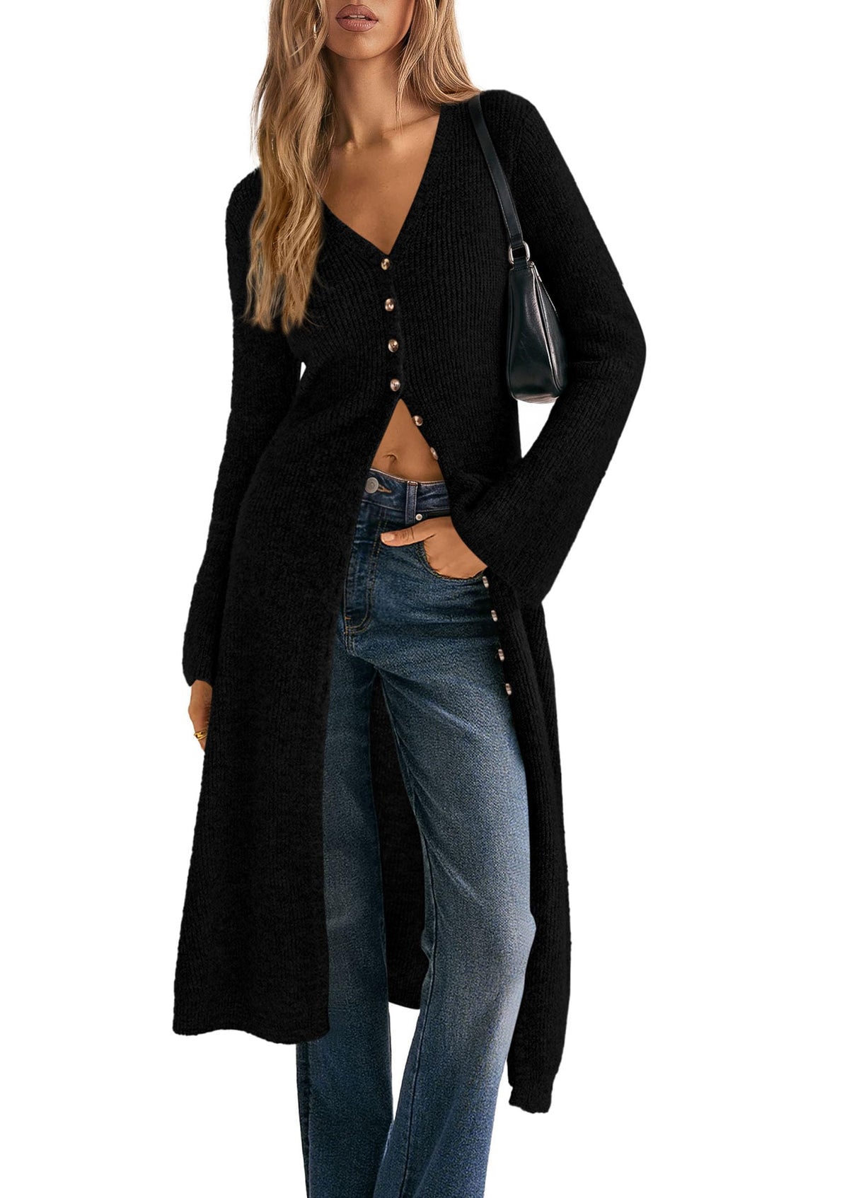 PRETTYGARDEN Women Long Cardigan Bell Sleeve Sweater Dress Early Fall Fashion, V Neck Button Down Coats, Fit and Flare, Duster Sweater, Acrylic Cotton Blend