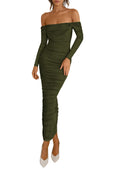 PRETTYGARDEN Womens Fall Long Sleeve Maxi Dress Off Shoulder Mesh Ruched Bodycon Trendy Long Wedding Guest Dresses