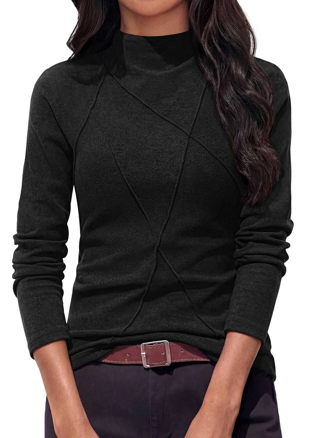 PRETTYGARDEN Women's Fall Mock Neck Long Sleeve Shirts | Soft Stretchy Knit,Geometric Seam Stitching,Slim Fitted Basic Tees,Thermal Casual Wear,Daily Work Layering Winter Tunic Top