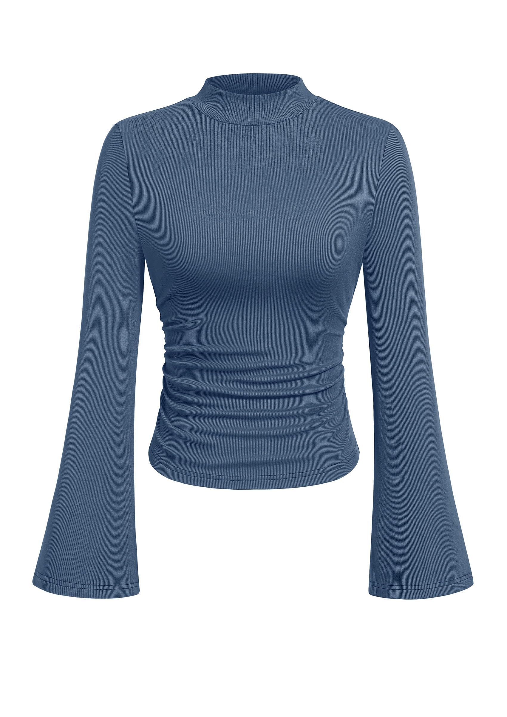 PRETTYGARDEN Womens Long Bell Sleeve Mock Neck Ribbed Tops