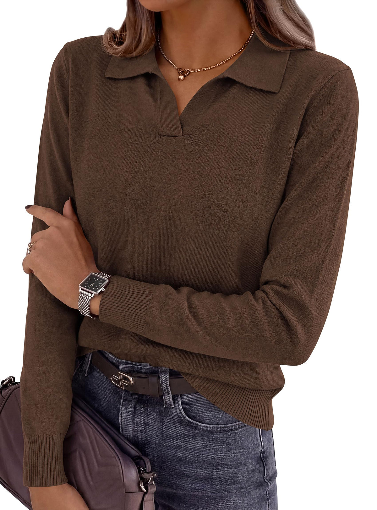 PRETTYGARDEN Womens Long Sleeve Collared Polo Sweater | Breathable Soft Ribbed Knit, Lapel V Neck Pullover Sweaters, Business Casual Work Office Tops, 2026 Trendy Fall Outfits