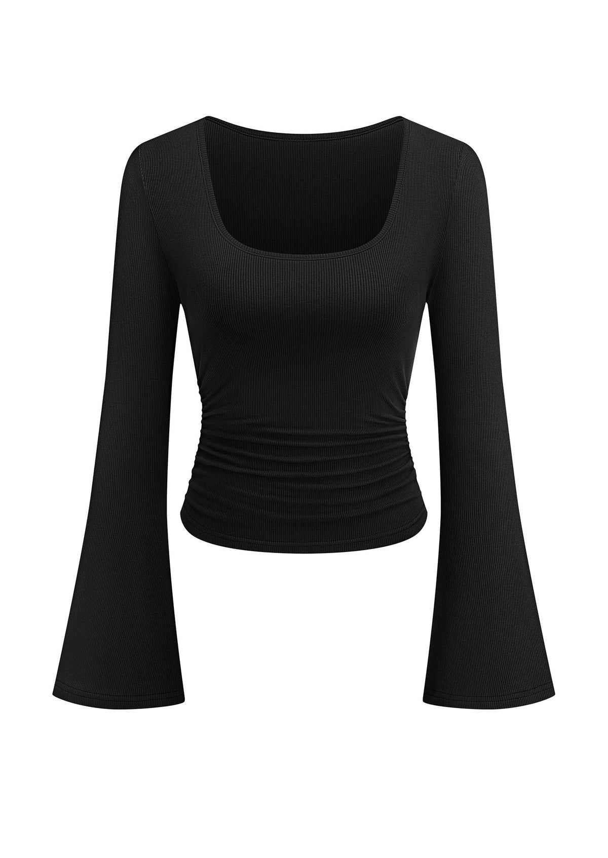 PRETTYGARDEN Womens Bell Long Sleeve Shirts Going Out Tops | Soft Stretchy Ribbed Knit, Square Neck, Slim Fit Y2K Clothes, Trendy Side Ruched, Layering Tee for Casual Fall & Winter Wear