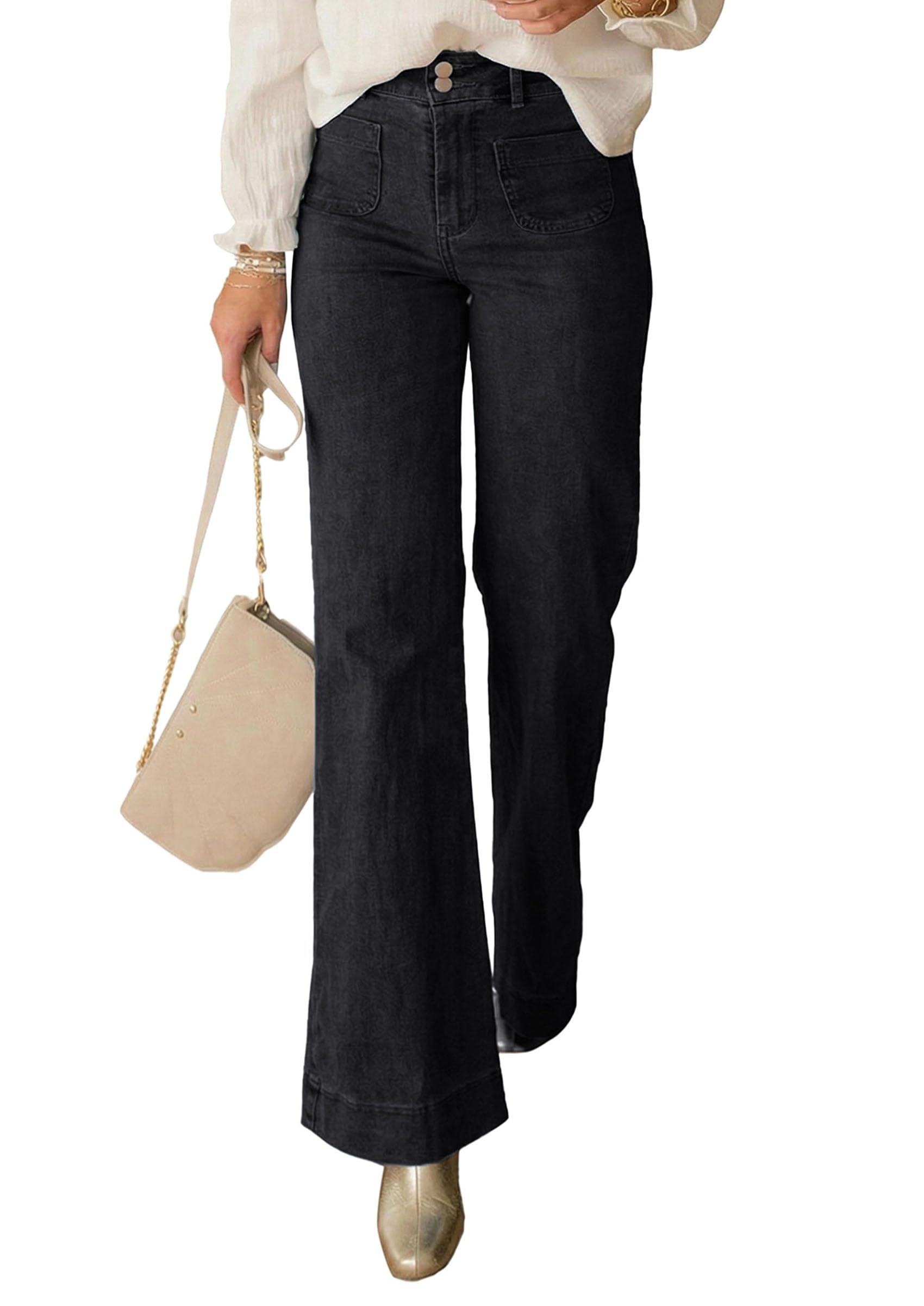 PRETTYGARDEN Womens Wide Leg Jeans High Waisted Stretchy | High Rise Flare Jeans with Front Patch Pockets, Loose Fit Daily Wear Denim, Trendy Office Work Pants, Business Casual Outfits