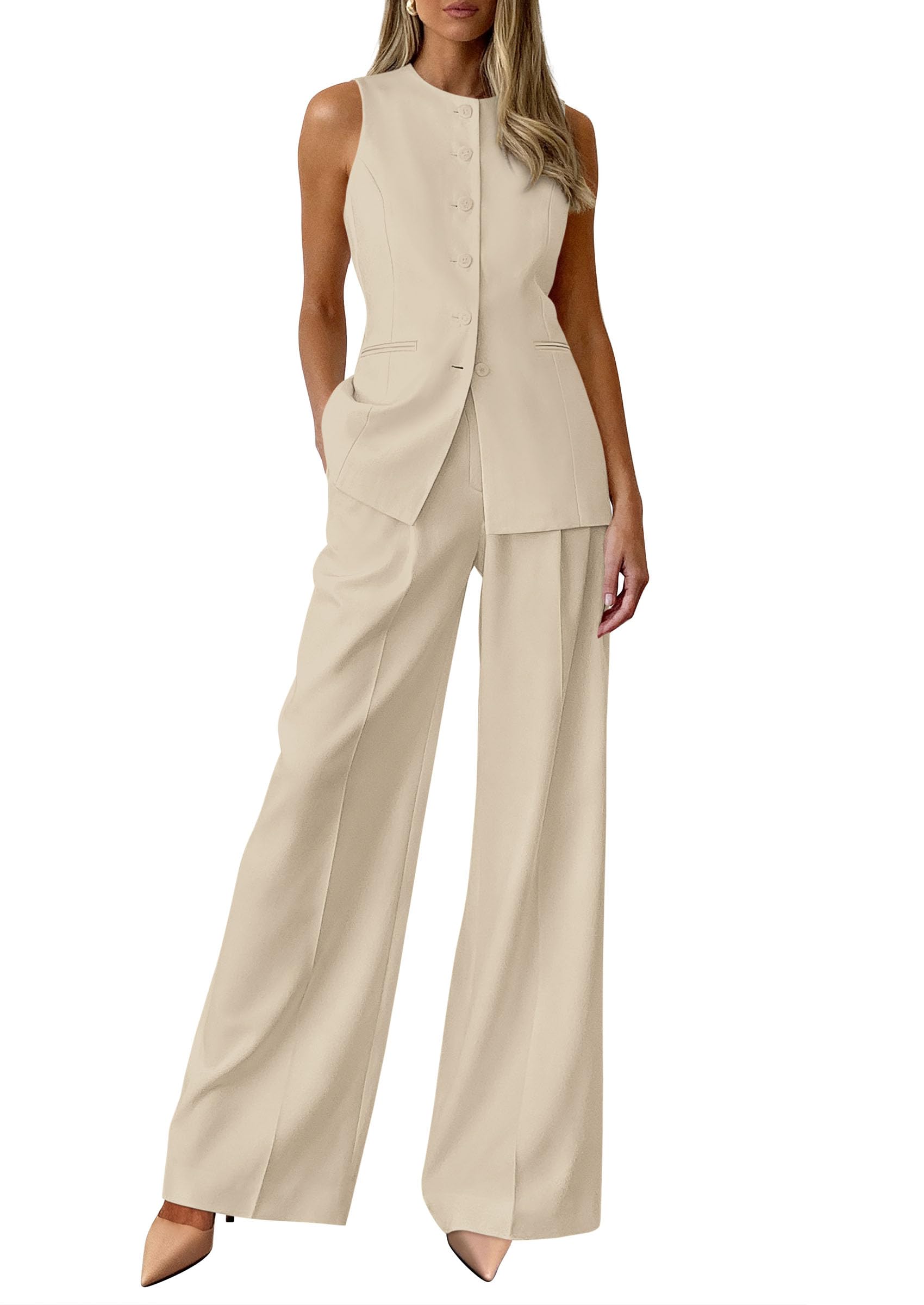 PRETTYGARDEN Women's 2 Piece Sets Summer  Work Clothes Sleeveless Blazer Vest Pants Suits Spring Business Casual Outfits