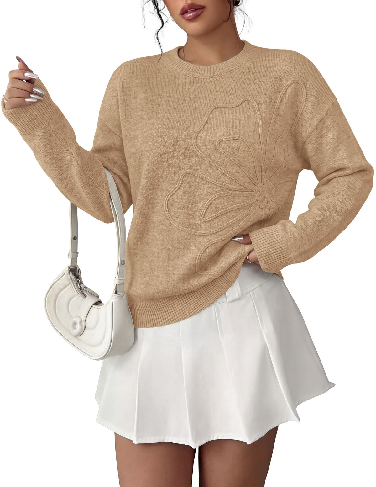 PRETTYGARDEN Women Fall Sweaters Trendy Floral Knit Pullover | Flower Embroidered Tops, Crew Neck, Soft Long Sleeve Shirts, Cozy Winter Layering Clothes for Casual Outing, Holiday Party