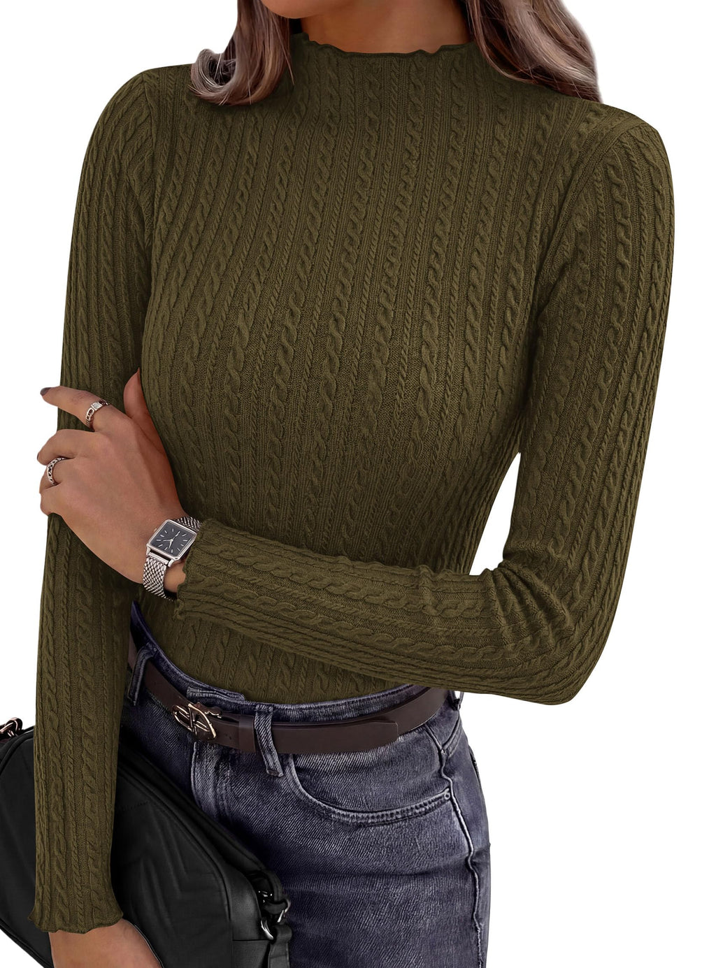 PRETTYGARDEN Women's Fall Long Sleeve Fitted Shirts | Comfy Stretchy Cable Knit, Trendy Lettuce Trim Mock Neck, Casual Basic Tees, Cute Layering Tops, 2026 Fashion Clothing