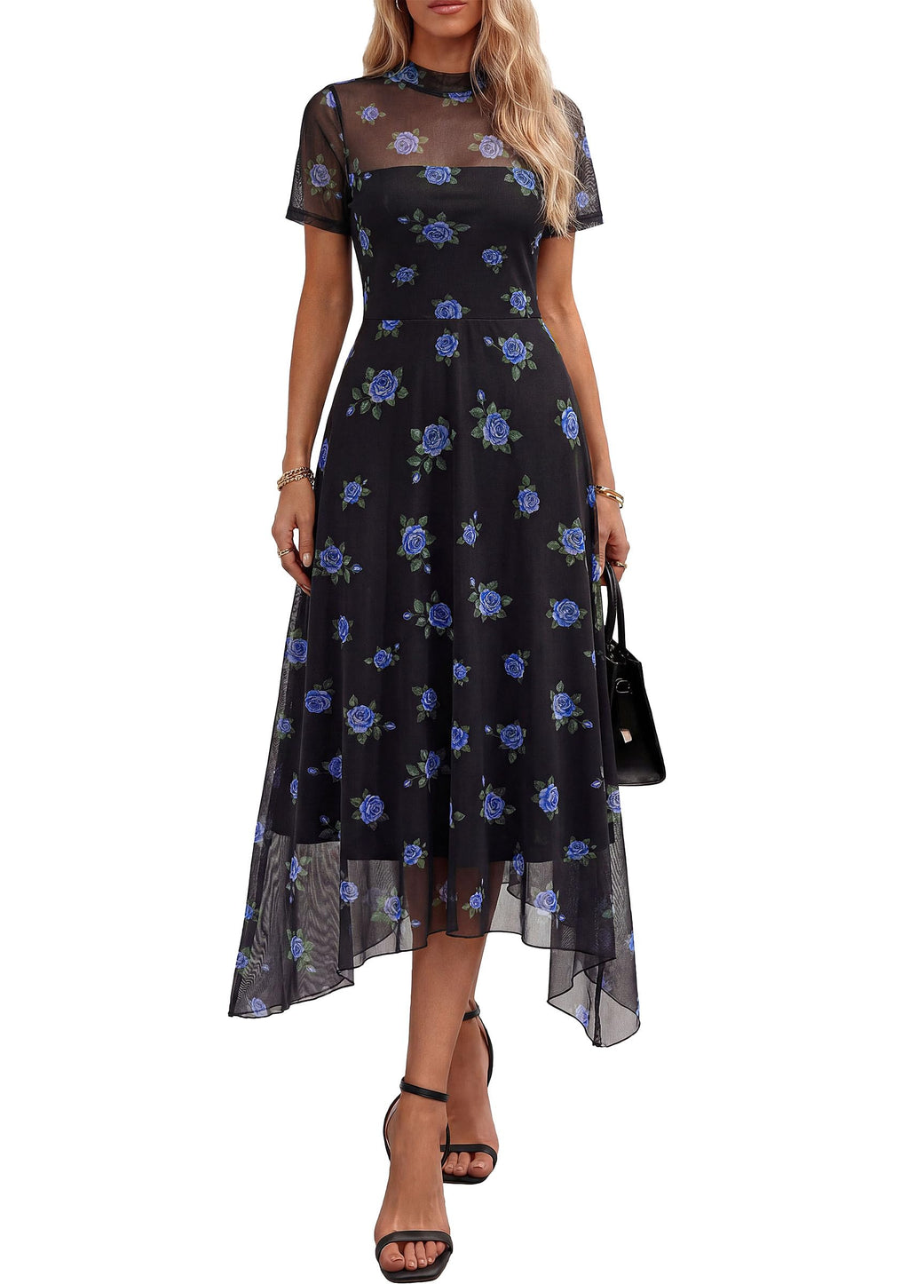 PRETTYGARDEN Cocktail Dresses for Women  Summer Short Sleeve Floral Mesh Sheer Midi Party Wedding Guest Dress