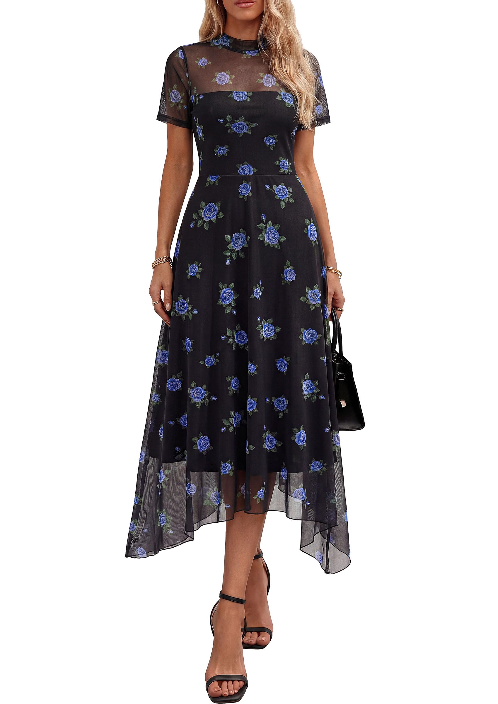 PRETTYGARDEN Cocktail Dresses for Women  Summer Short Sleeve Floral Mesh Sheer Midi Party Wedding Guest Dress