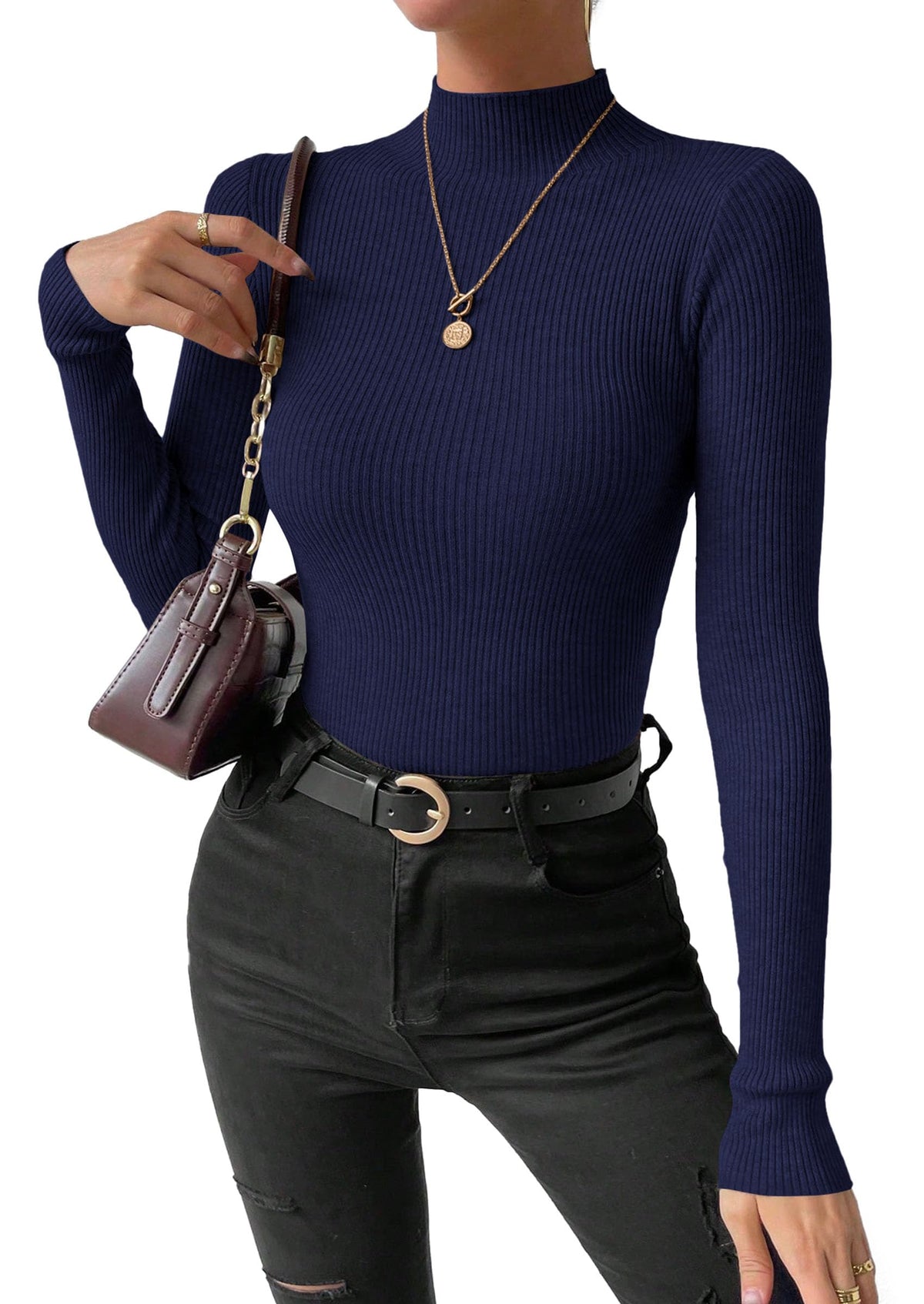 PRETTYGARDEN Women's Mock Turtleneck Lightweight Sweaters Fall Knit Tshirts Cozy Pullover, Underscrub Long Sleeve, Fitted Ribbed Tops, Casual Work Office Clothes, Winter Basic Layer