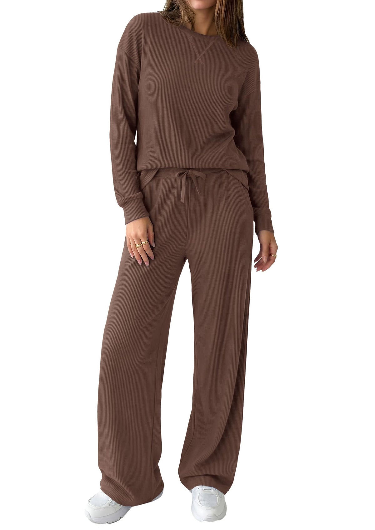 PRETTYGARDEN Sweatsuits Women 2 Piece Airport Travel Outfits | Ribbed Knit Lounge Sets, Casual Athleisure Wear, Matching Long Sleeve Shirts & Wide Leg Pants Pockets, Fall Winter Clothes