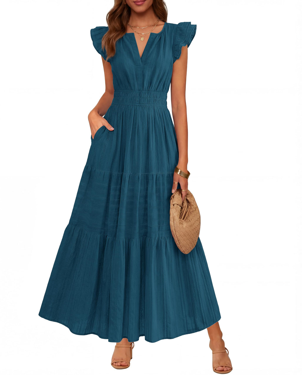 BTFBM Womens Summer Maxi Dress  Spring Boho Vacation Ruffle Flutter Short Sleeve A Line Tiered Flowy Dresses Pockets