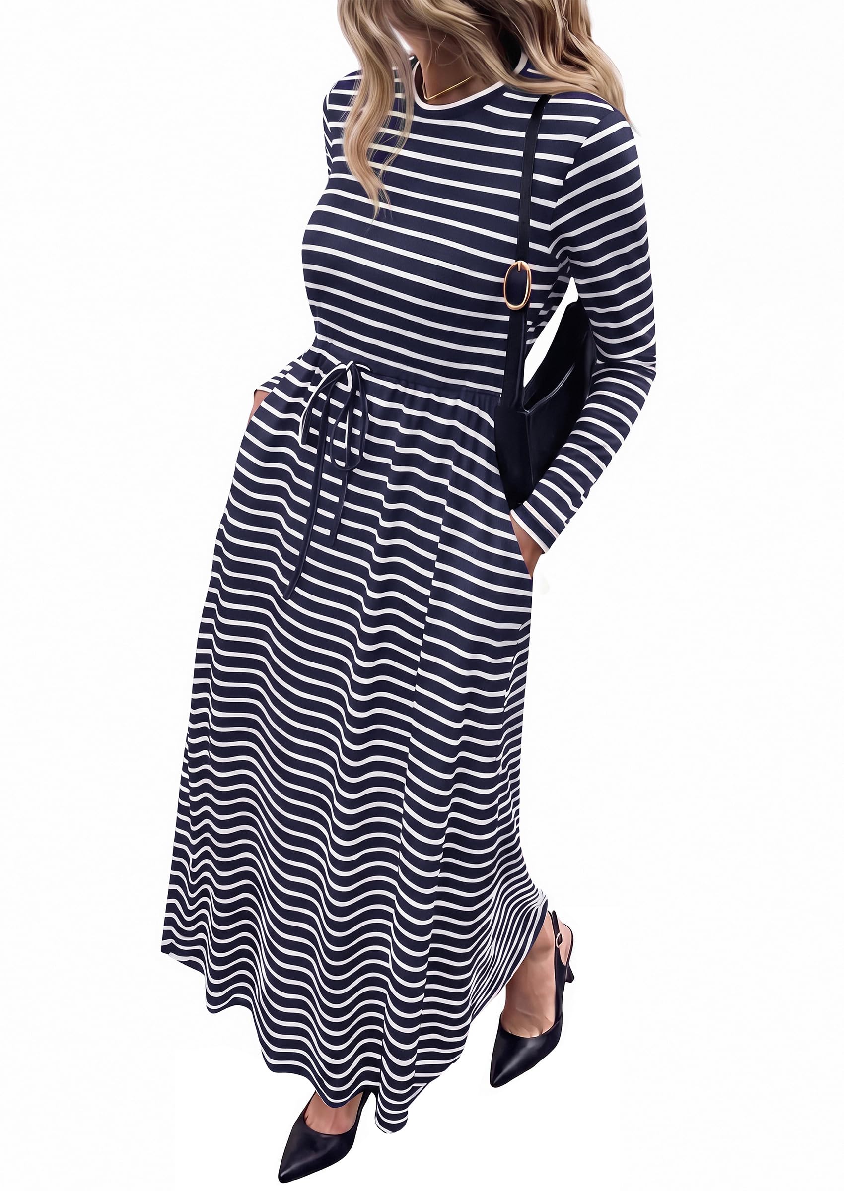 FreshPretty Long Sleeve Maxi Dresses for Women Fall Casual Loose Striped Dress|Cotton T Shirt Dress, Loose Fit Dress with Pocket, Business Casual Work Teacher, Fall Outfits