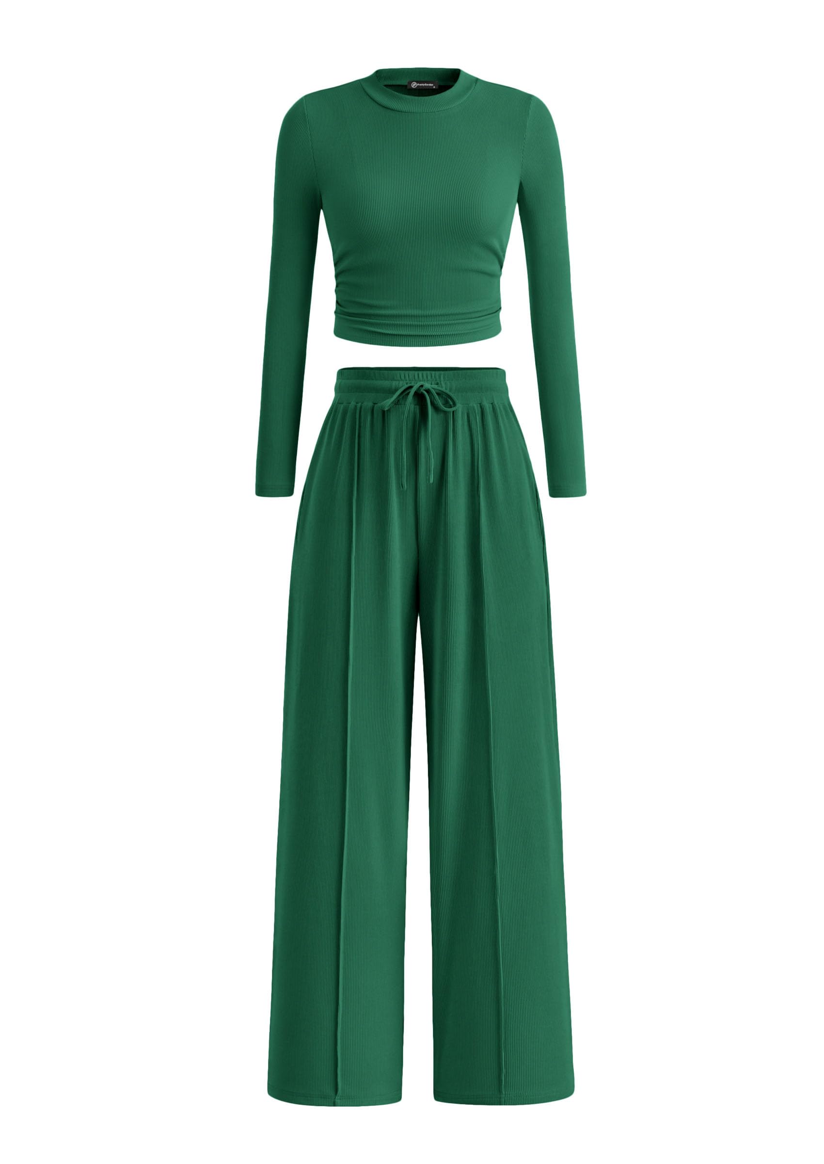 PRETTYGARDEN Women's 2 Piece Loungewear Long Sleeve Crop Top Wide Leg Palazzo Pants Set Tracksuits Casual Outfit