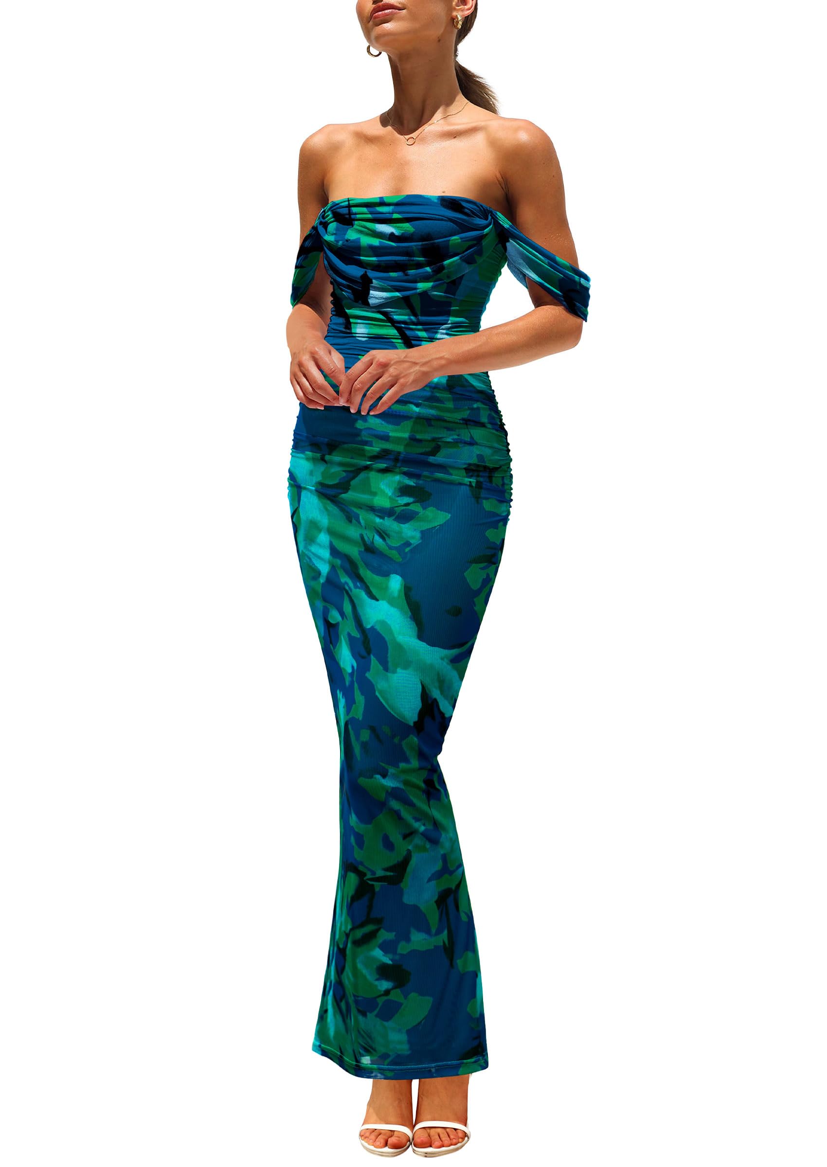 PRETTYGARDEN Cocktail Dresses for Women Summer Floral Off Shoulder Ruched Mesh Elegant Wedding Guest Maxi Dress