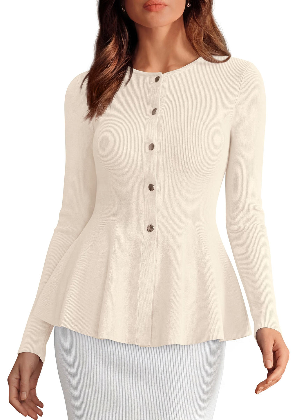 PRETTYGARDEN Women's Fall Lightweight Cardigan Sweaters | Long Sleeve Peplum Tops, Button Up, Slim Fitted, Flared Hem, Soft Ribbed Knit, Business Casual Outfits, Winter Trendy Clothes