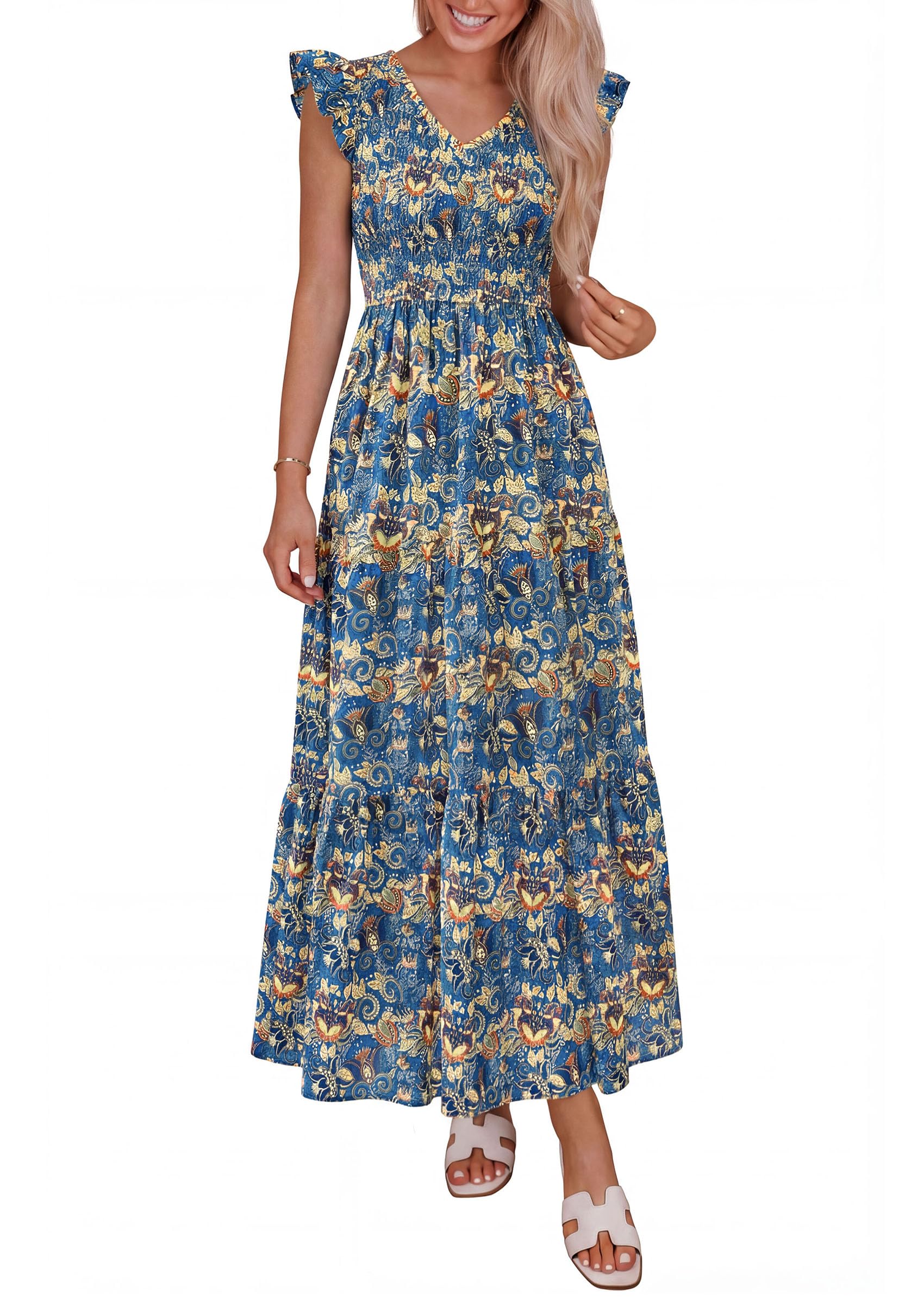 PRETTYGARDEN Women's Boho Floral Maxi Dress Summer Smocked V Neck Ruffle Sleeve Spring Flowy Beach Vacation Sundresses