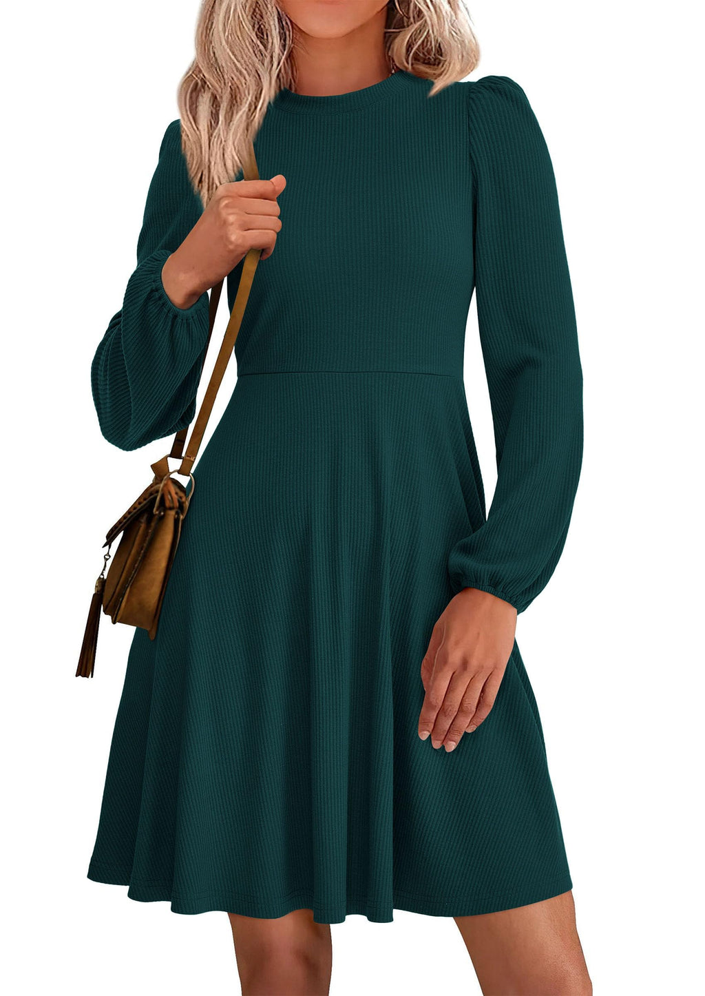 PRETTYGARDEN Womens Long Sleeve Mini Dress  Fall Trendy Crewneck Ribbed Knit Soft A Line Flowy Summer Formal Dresses