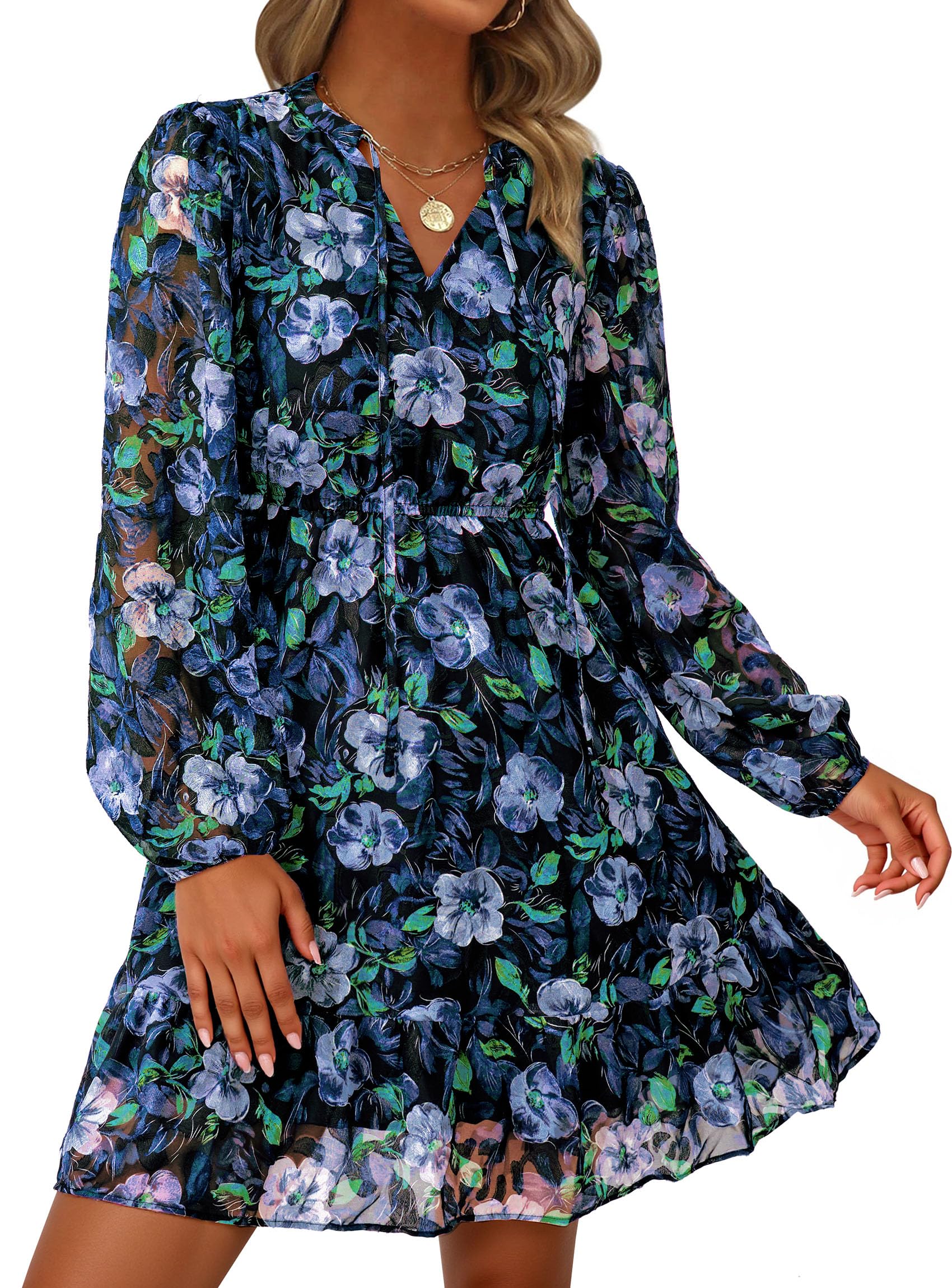 PRETTYGARDEN Women's Fall Boho Dresses  Floral Long Sleeve V Neck Mini Flowy Wedding Guest Dress Trendy Vacation Outfits