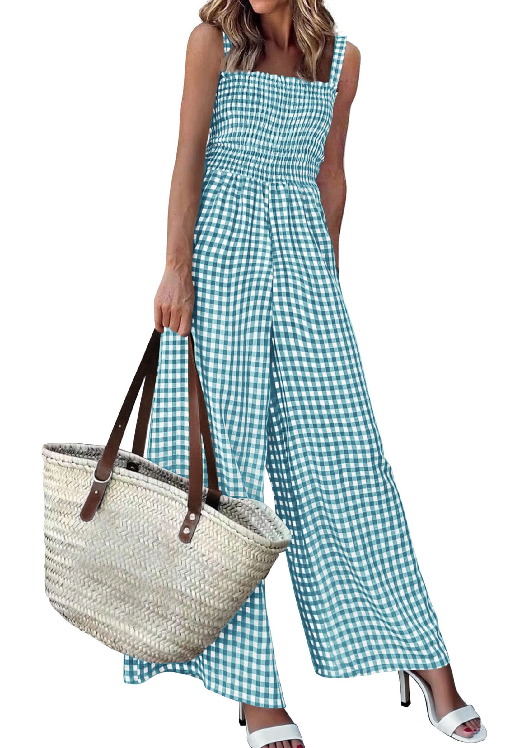 PRETTYGARDEN One Piece Jumpsuits for Women Casual Summer Cruise Outfits  Spring Fashion Smocked Wide Leg Gingham Rompers