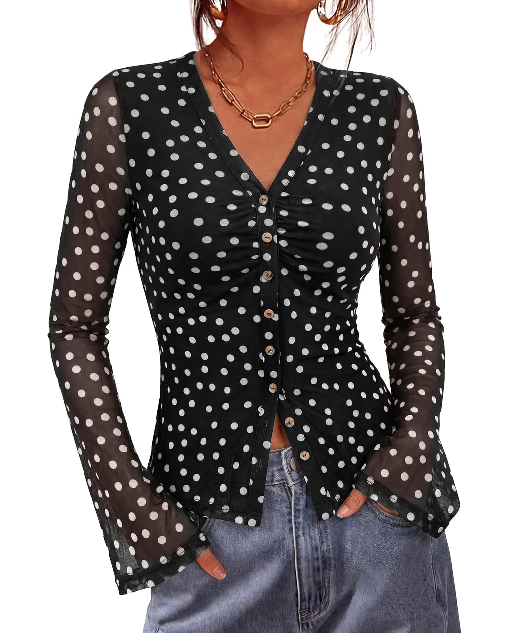 BTFBM Button Down Shirts for Women Spring Boho Tops V Neck Long Sleeve Blouses Ruched Mesh Fitted Fall Fashion