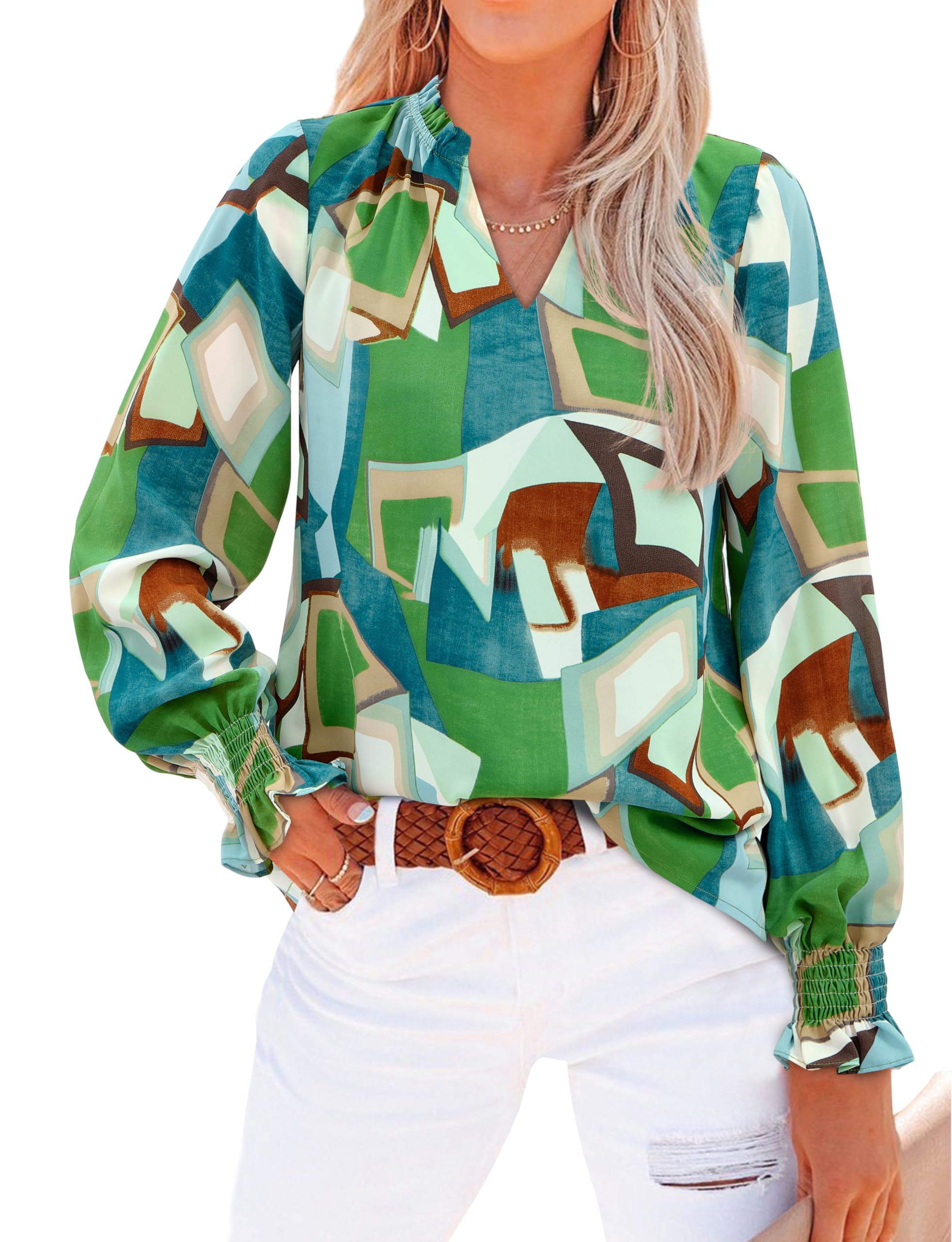 FreshPretty Womens V Neck Floral Long Sleeve Tops Summer Casual Loose Puff Sleeve Chiffon Boho Work Blouse Dressy T Shirts
