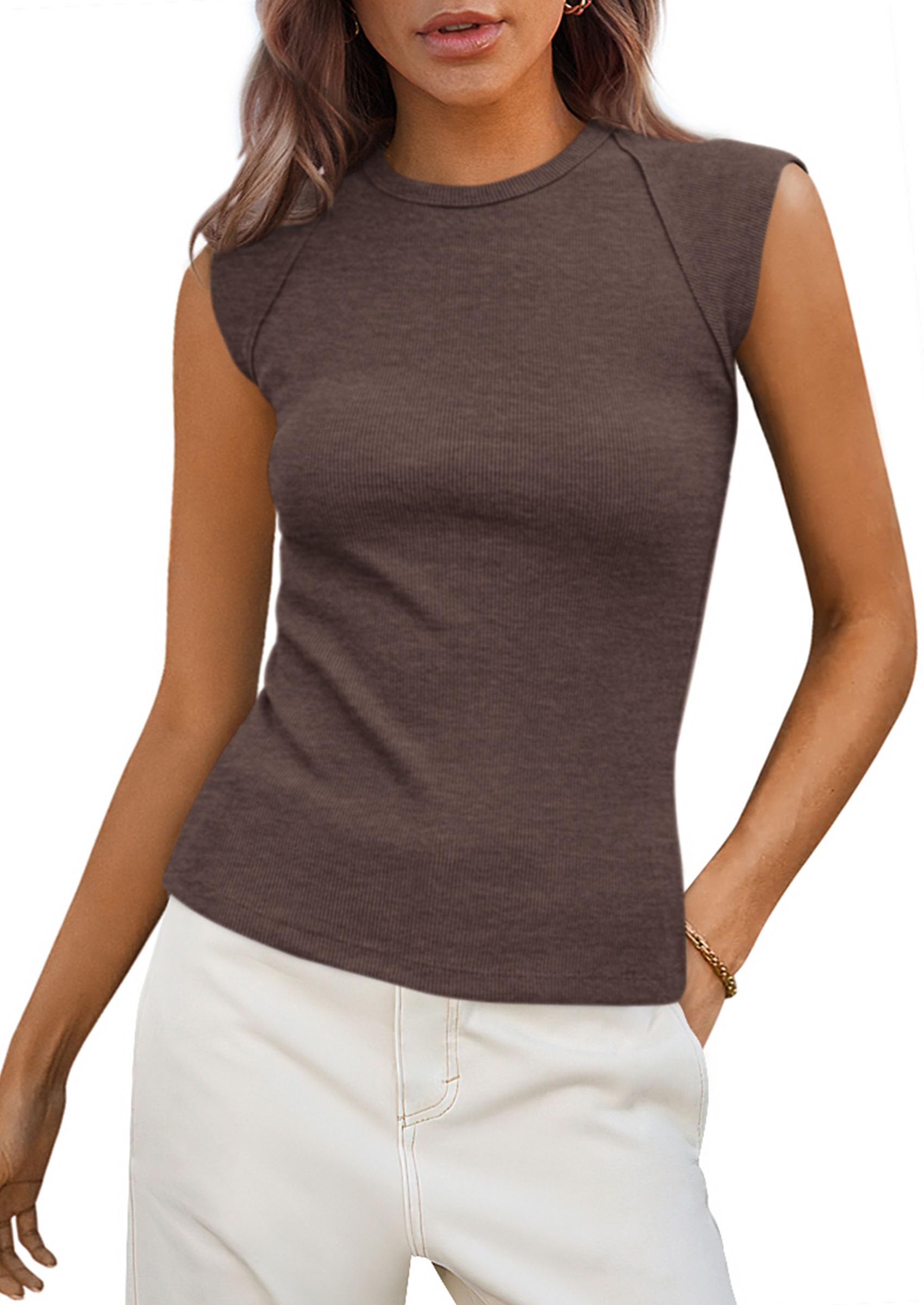 PRETTYGARDEN Women's Ribbed Tank Tops Summer Cap Sleeve Slim Fitted Knit Basic Casual Tee Shirts Trendy Fashion Clothes