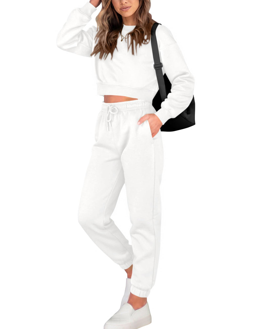FreshPretty Women 2 Piece Outfits Long Sleeve Crop Top Pullover Drawstring Pant Jogger Set Casual Sweatsuits Tracksuit Pockets