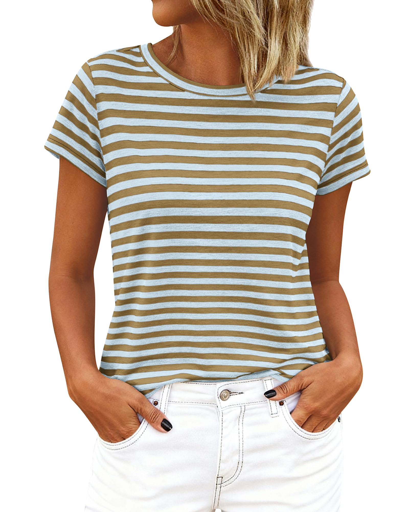BTFBM Tops for Women Trendy Summer Crew Neck Short Sleeve T Shirts Striped Casual Vacation Blouse Basic Tee
