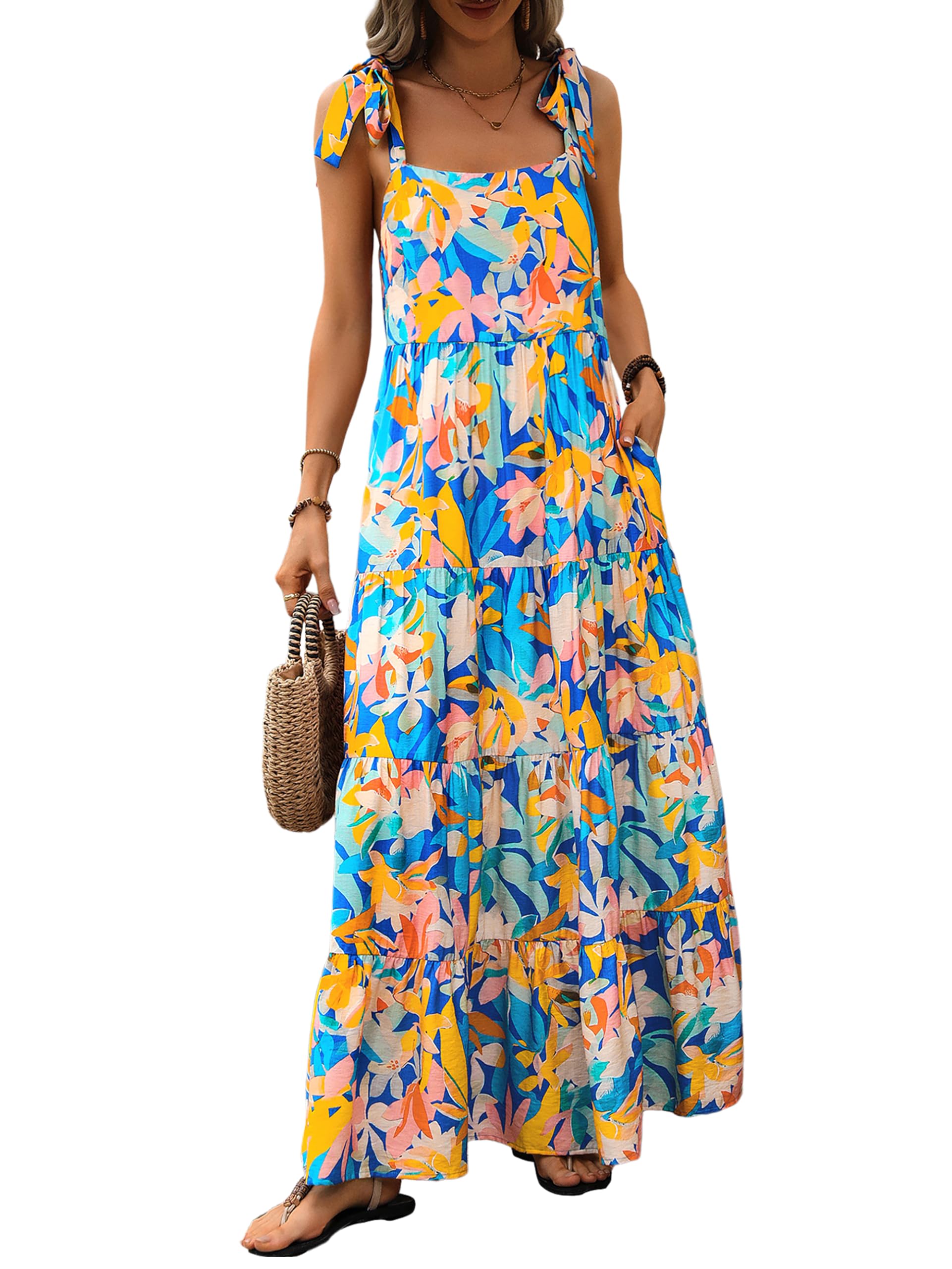 PRETTYGARDEN Women Dresses Summer Floral Sleeveless Maxi Dress Casual Spaghetti Strap Tiered Flowy Beach Long Dress