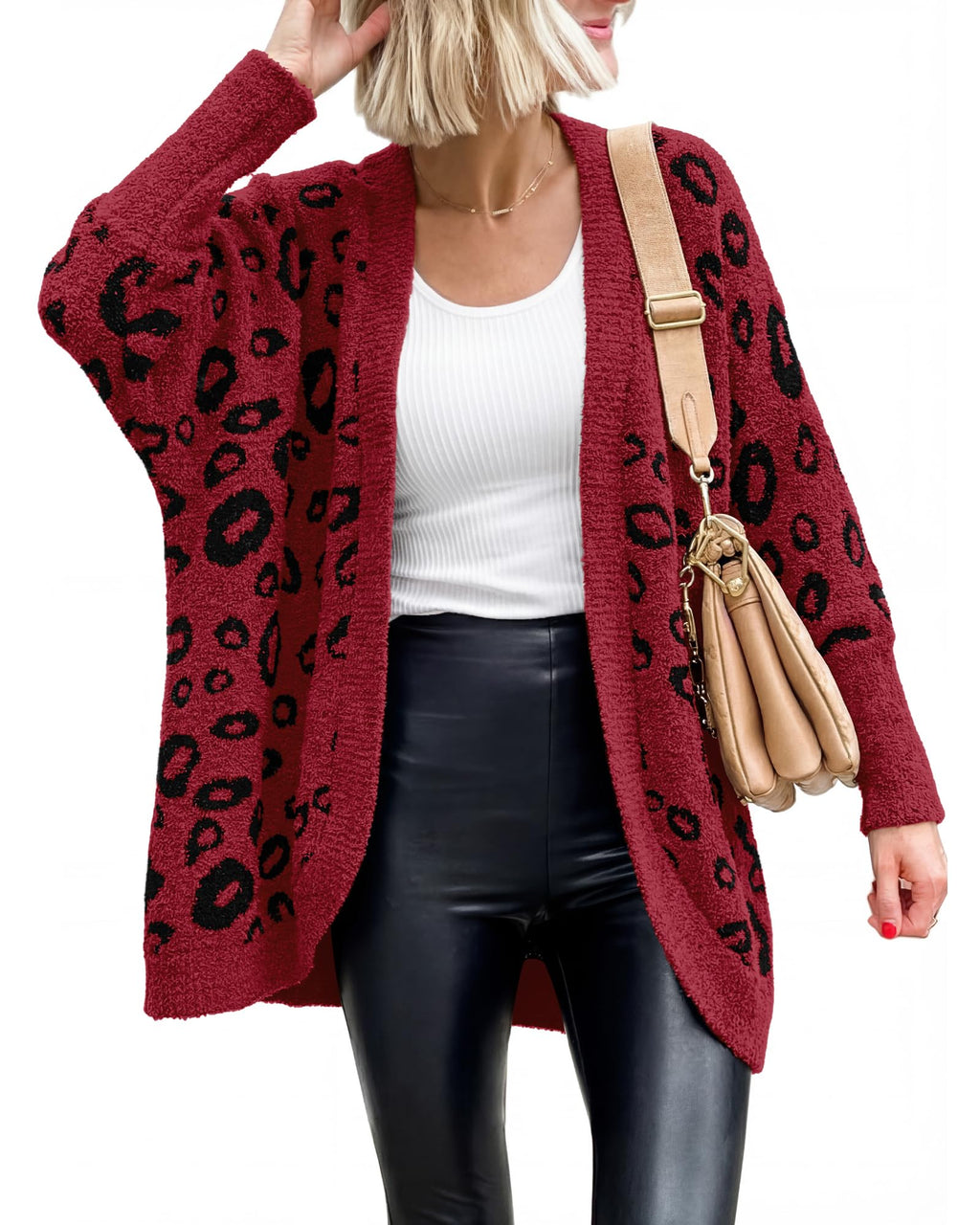 BTFBM Leopard Cardigan for Women Long Sleeve Open Front Cardigans Sweaters Pockets Loose Knit Fall Spring Outwear