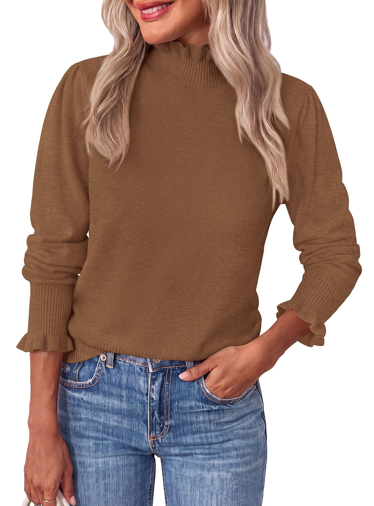 PRETTYGARDEN Women's Fall Cozy Sweaters Trendy Ruffle Mock Neck Pullover Soft Stretchy Warm, Ribbed Knit, Cute Tops, Puff Long Sleeve Blouses, Dressy Casual Shirts,Winter Clothing