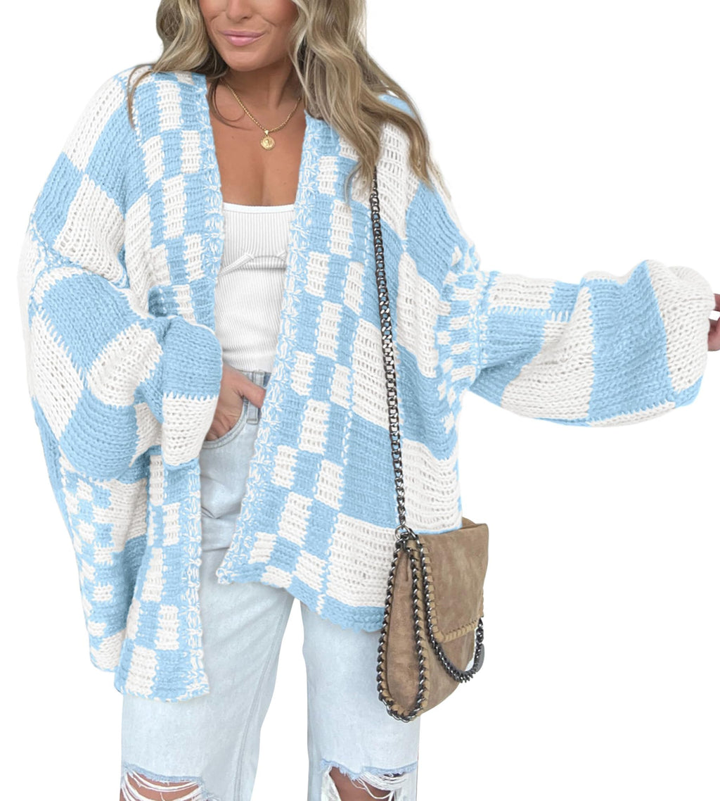 BTFBM Casual Cardigan Sweater for Women Fall Long Sleeve Sweaters Fall Outfits, Loose Fit,Solid,Open Front Chunky Knit Sweaters,Chunky Cardigan Sweaters For Women,Checkered Outwear Coat