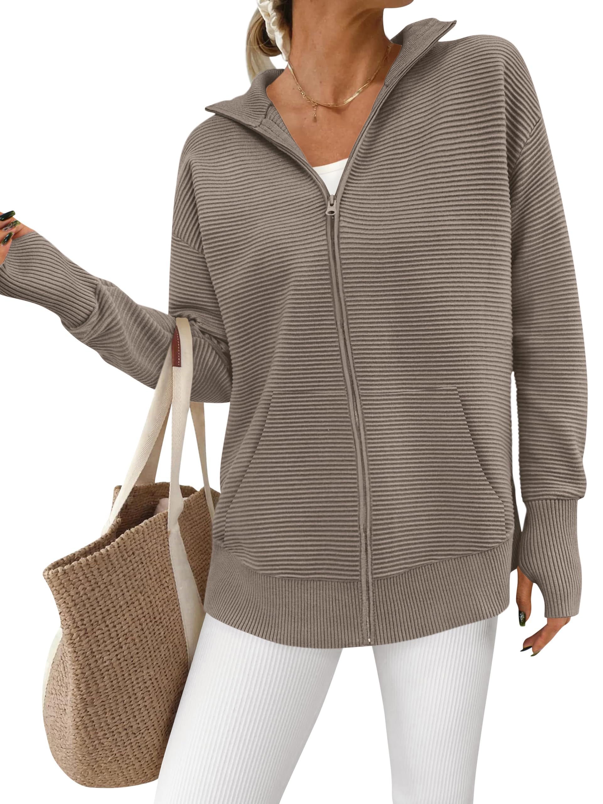 PRETTYGARDEN Womens Fall Long Sleeve Zip Up Cardigan Sweaters Casual Loose Collared Ribbed Knit Tops Jackets Thumb Hole