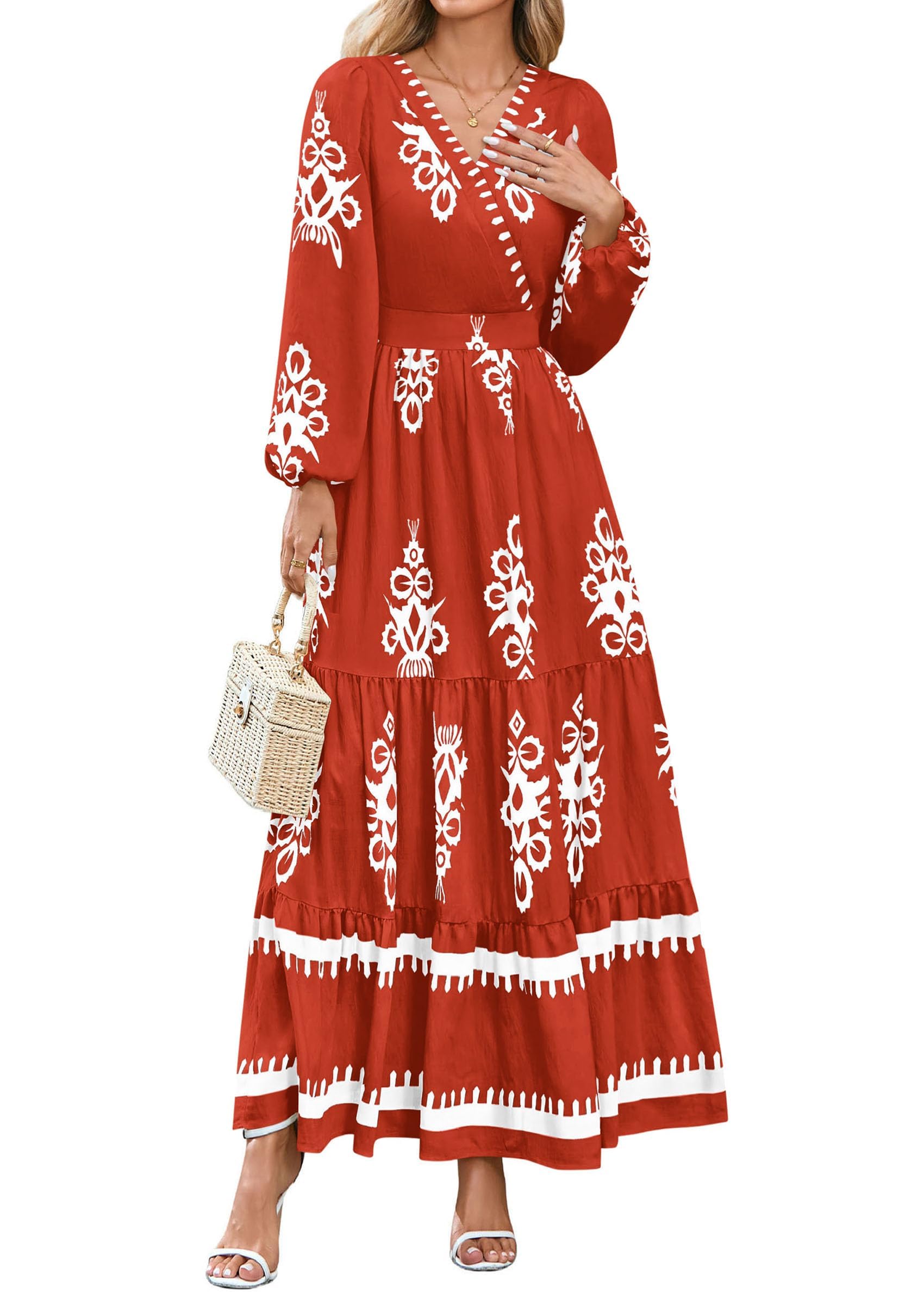 PRETTYGARDEN Women's Fall Wedding Guest Dresses Boho Floral Long Sleeve V Neck Flowy Elegant Maxi Dress Beach Clothes