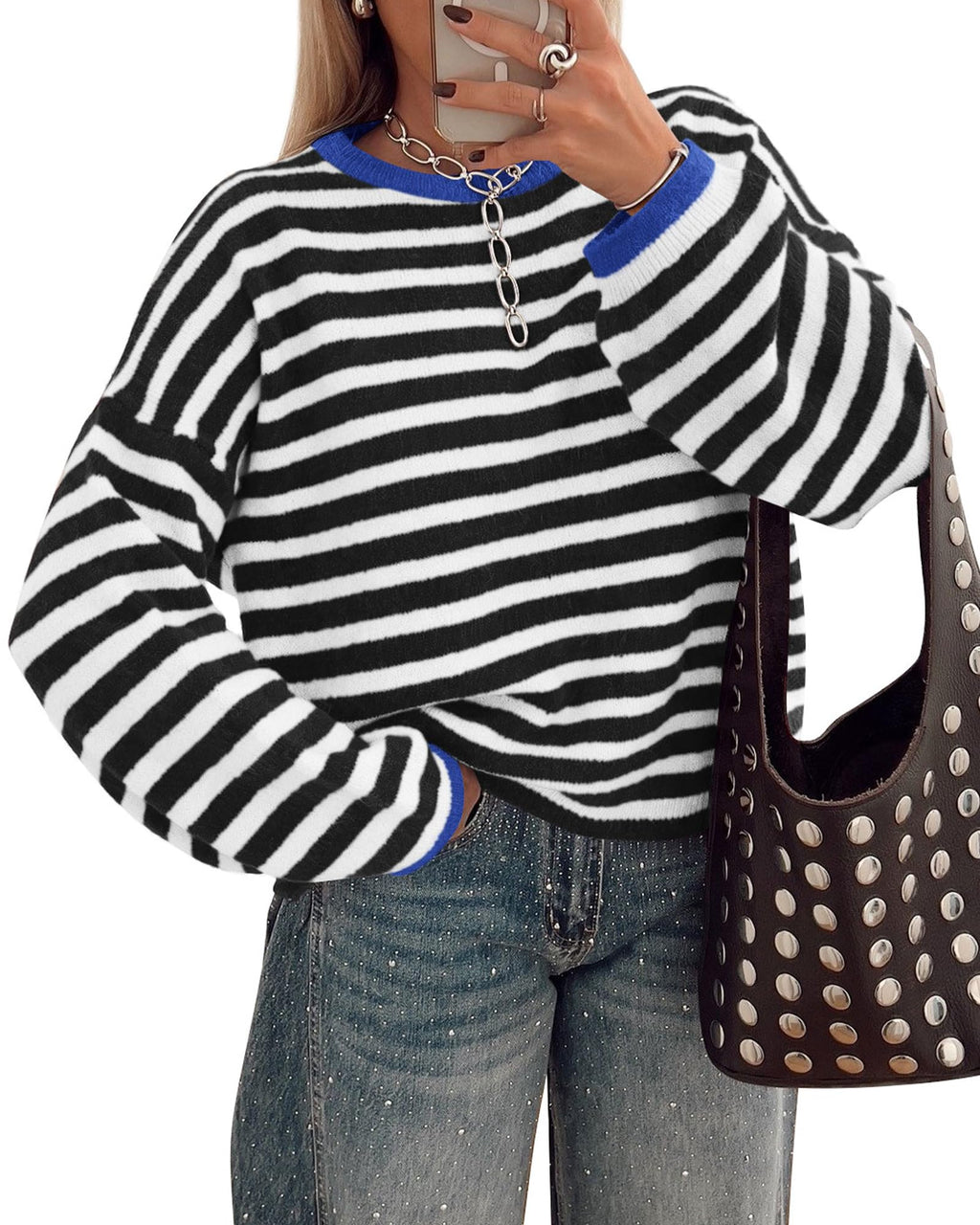 BTFBM Women's Lightweight Oversized Striped Sweater | Soft Knit Cozy Sweaters, Crew Neck Long Sleeve Pullover, y2k Color Block, Casual Holiday Outfits, Winter Fall Clothes