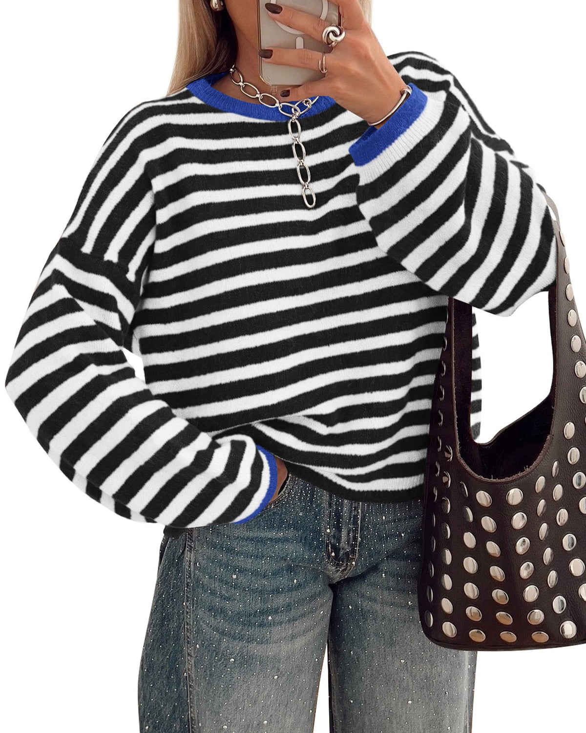 BTFBM Women's Lightweight Oversized Striped Sweater | Soft Knit Cozy Sweaters, Crew Neck Long Sleeve Pullover, y2k Color Block, Casual Holiday Outfits, Winter Fall Clothes