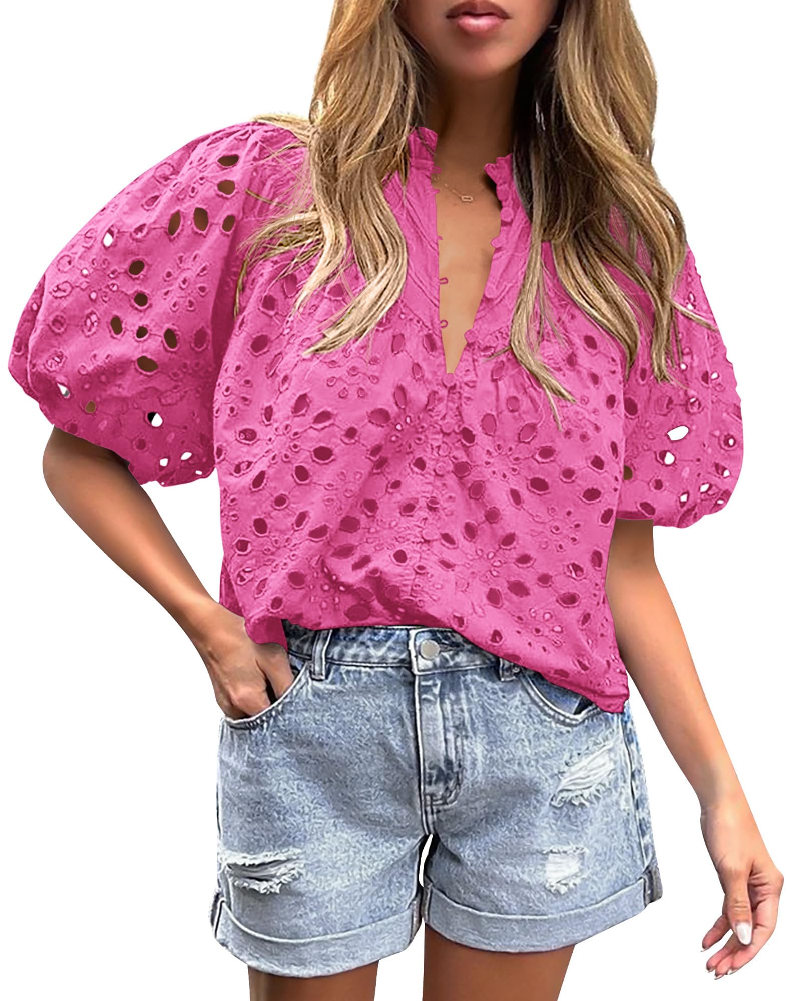 PRETTYGARDEN Women's Summer Tops Dressy Casual Short Sleeve V Neck Buttons Hollow Out Lace Embroidered Blouses Shirts