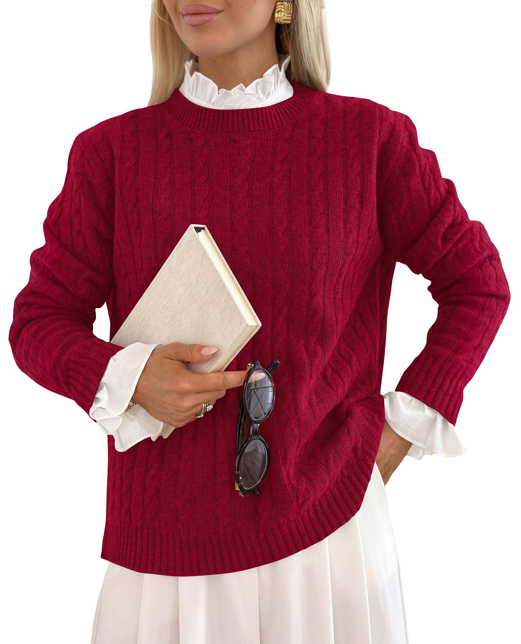 PRETTYGARDEN Women's Cable Knit Sweaters Long Sleeve Pullover Fall Outfits Soft Cozy Knit Tops, Ribbed Crewneck Regular Fit, Basic Daily, Work Business Casual, Teacher Outfits, Winter Layer Clothing