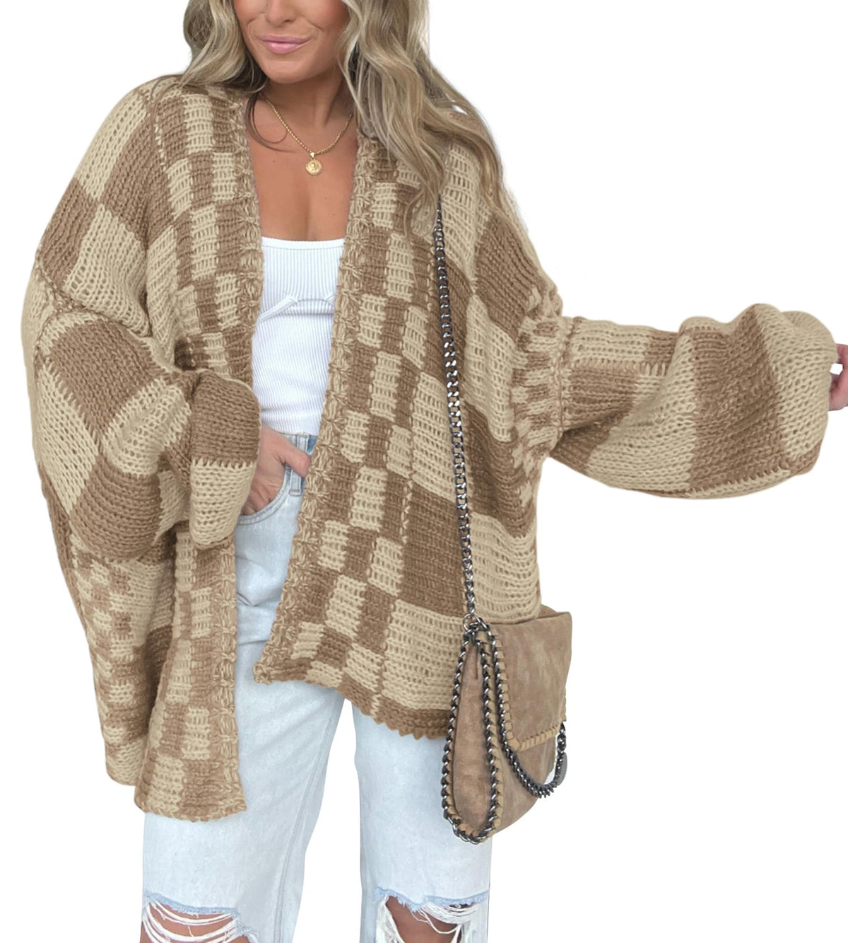 BTFBM Casual Cardigan Sweater for Women Fall Long Sleeve Sweaters Fall Outfits, Loose Fit,Solid,Open Front Chunky Knit Sweaters,Chunky Cardigan Sweaters For Women,Checkered Outwear Coat