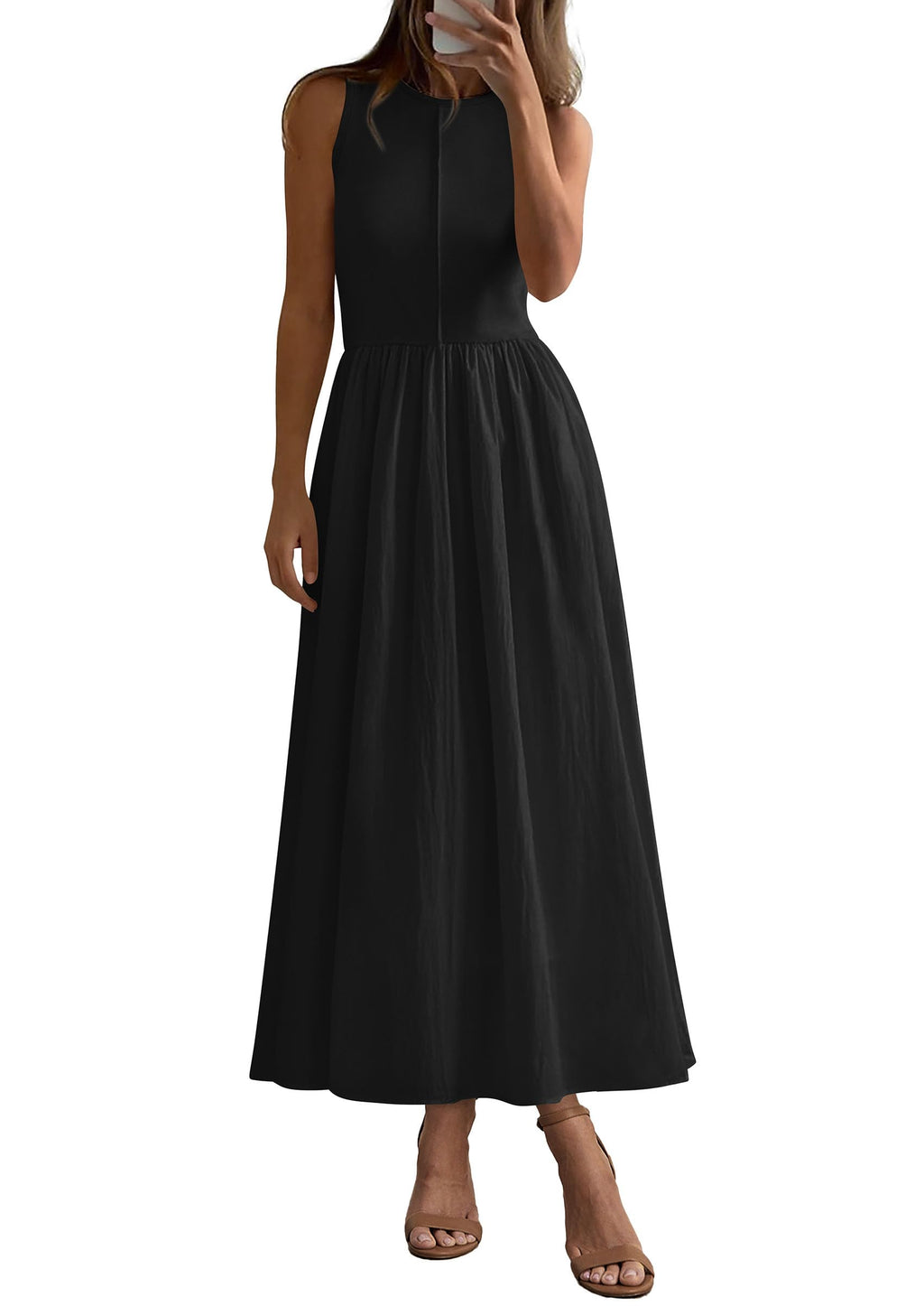 PRETTYGARDEN Maxi Dresses for Women Summer Casual Sleeveless Patchwork Flowy Vacation Sundress Knit Long Work Tank Dress