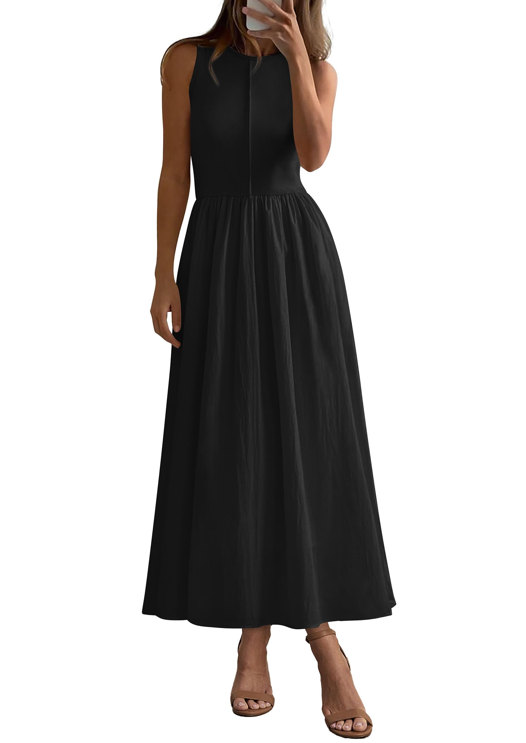 PRETTYGARDEN Maxi Dresses for Women Summer Casual Sleeveless Patchwork Flowy Vacation Sundress Knit Long Work Tank Dress
