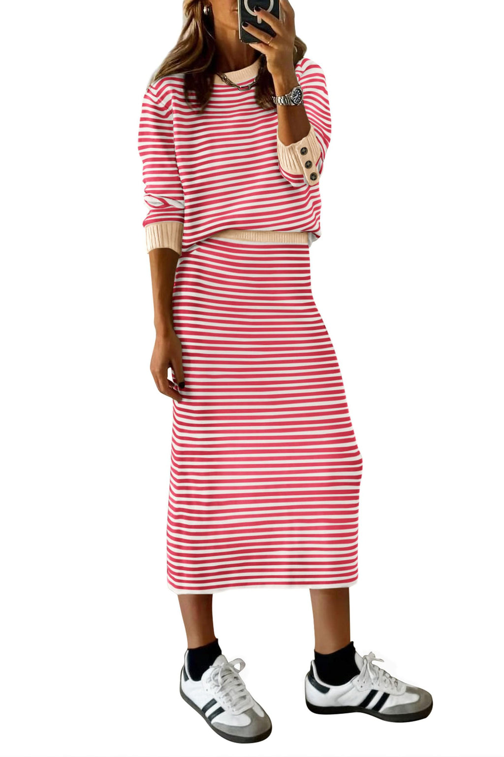 PRETTYGARDEN 2 Piece Skirts Sets For Women Fall Fashion Striped Sweater Dress Knit Lounge Travel Outfits Winter Clothing