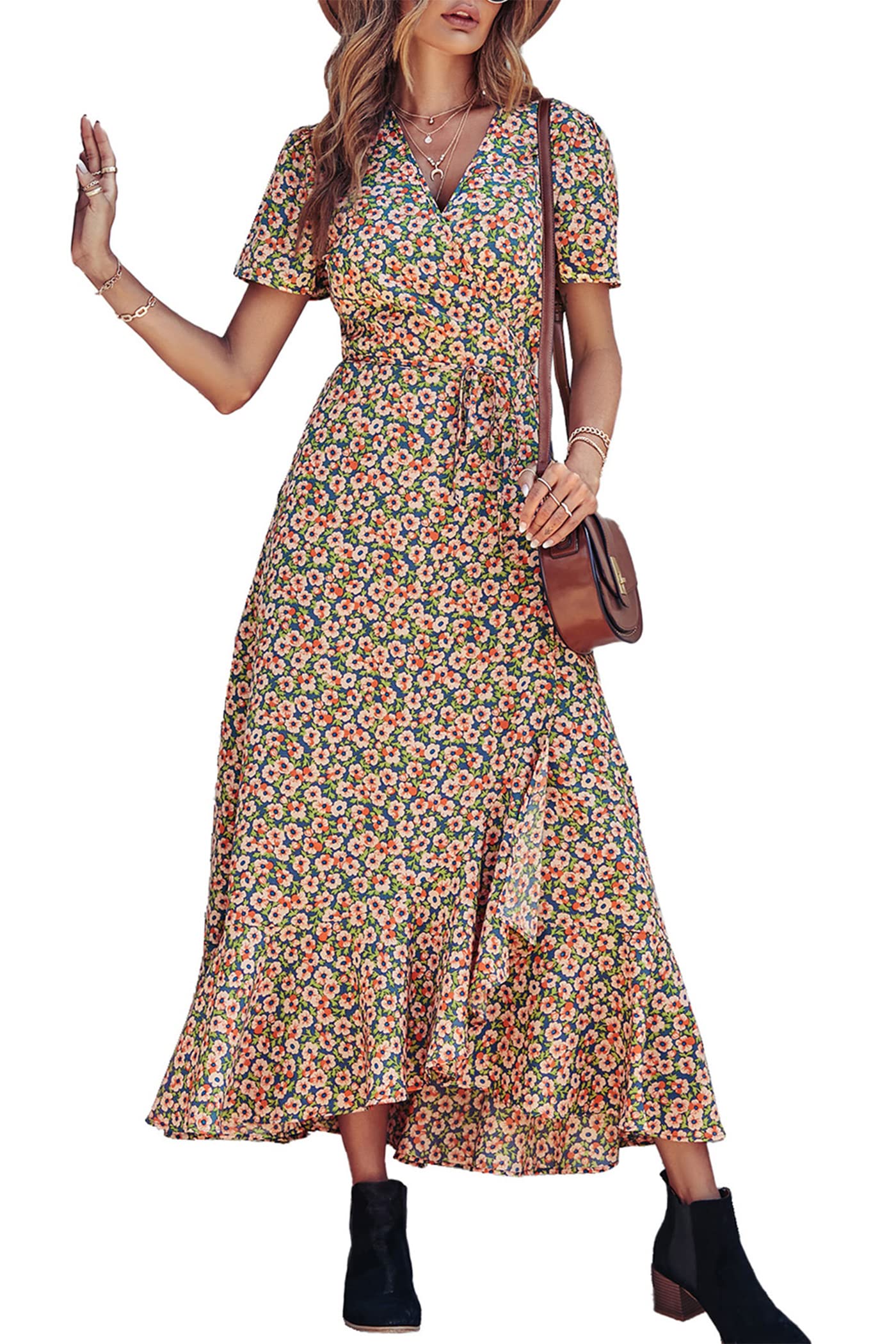 PRETTYGARDEN Women's Summer Maxi Dress Casual Wrap Floral Boho Short Sleeve V Neck Split Ruffle Beach Long Dresses
