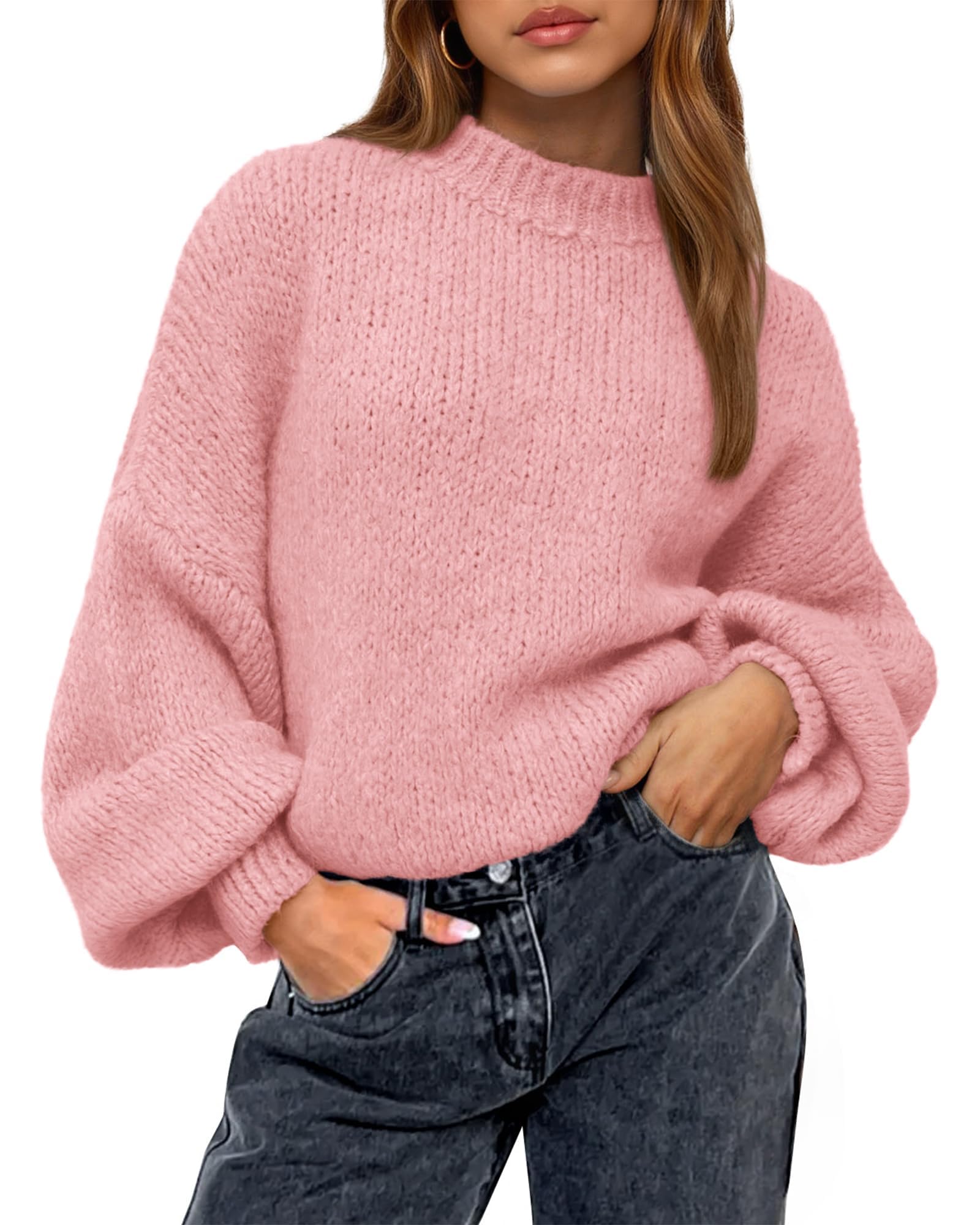 BTFBM Sweaters for Women Fall Crew Neck Lantern Long Sleeve Oversized Sweater Casual Knit Winter Pullover Tops