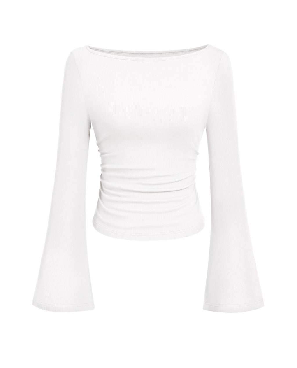 PRETTYGARDEN Women's Long Sleeve Shirts Fall Crop Going Out Tops Casual Boat Neck Bell Sleeve Ribbed Ruched Y2K Clothes